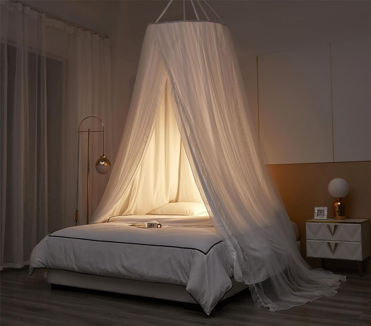 VETHIN Double Layer Princess round Dome Canopy Bed Curtain for Girls Adults,Children Dreamy Mosquito Net,Cute Bedroom Decoration Castle Play Tent Reading Nook Canopies (Dome-White/White) image number 4