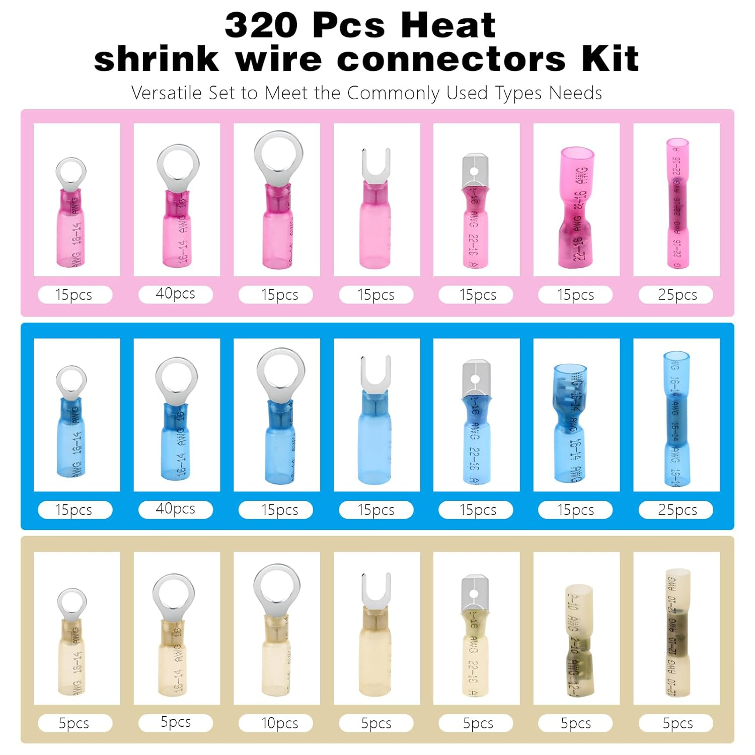 Chihutown 320PCS Heat Shrink Wire Connectors Kit, Water Proof Marine & Automotive Wire Connectors, 22-10 AWG, Copper, Multiple Colors, Ring, Fork, Male/Female Terminals image number 1