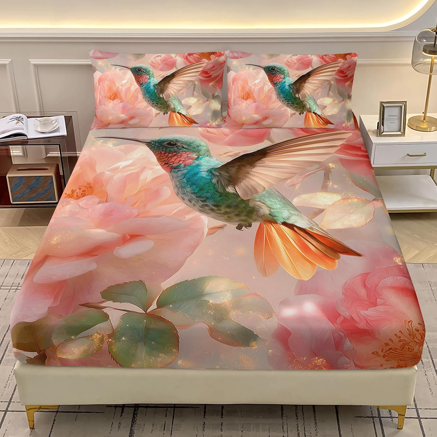 AILONEN Bohemian Bee Fitted Sheet Set Full Size,Black and Gold Luxury Bedding Set for Kids Teens Girls,3-Piece Boho Sunflower Floral Bed Sheet with 2 Pillowcases