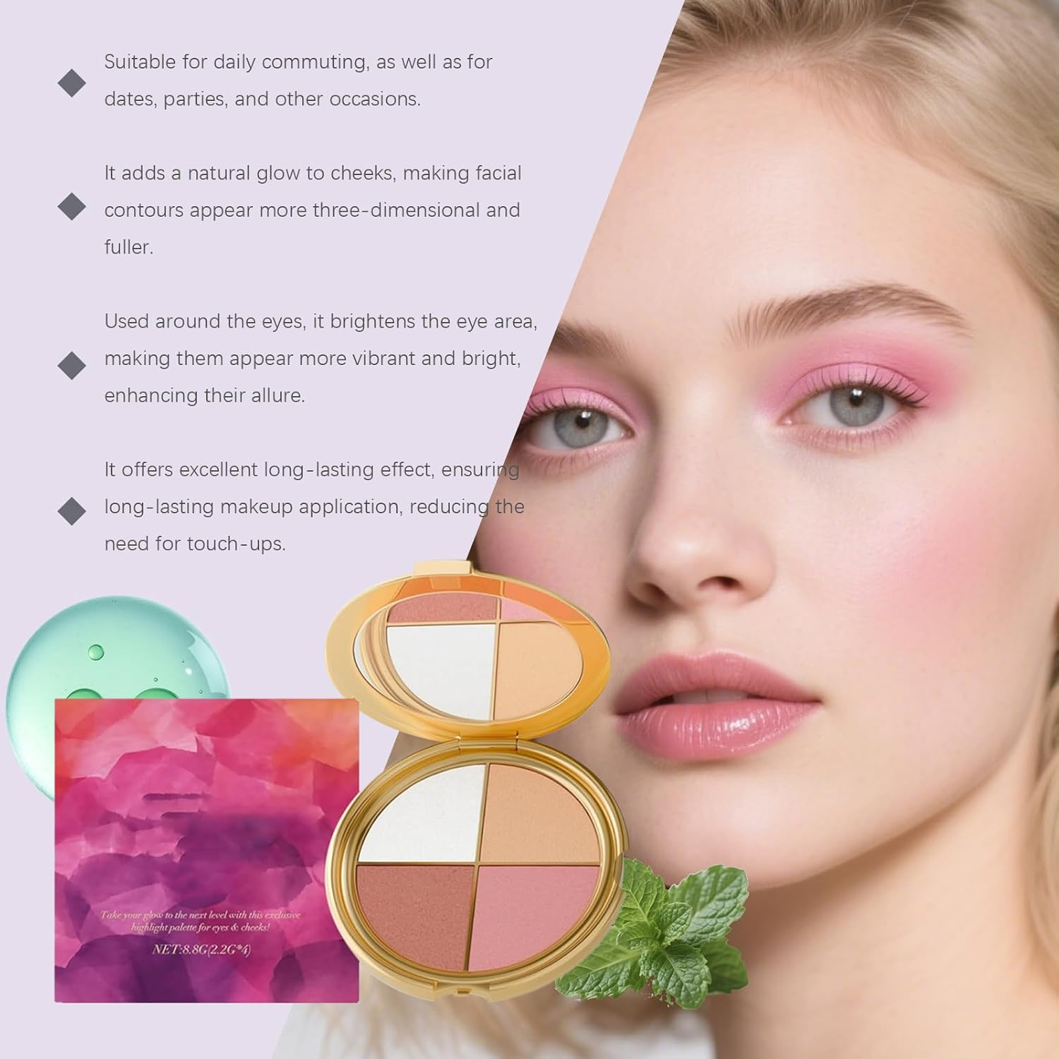 Glowjiu Glow Gallery Highlighting Eye & Cheek Palette, Glowjiu Highlighting Eye & Cheek Palette,4-In-1 Highlight Shades Makeup for Blush, Makeup Palettes Contour Kit (1Pcs) - 1Pcs image number 4