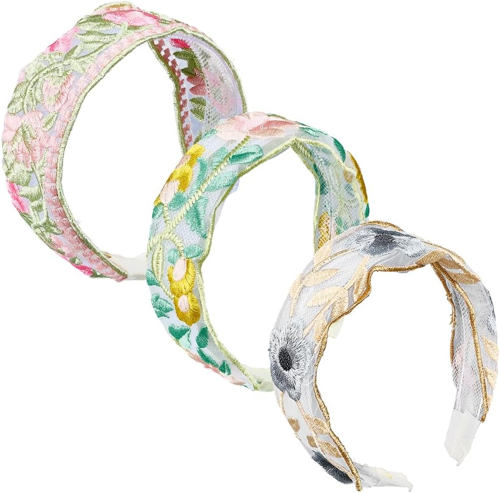 CABODYALS Pack of 3 3 Colours Colourful Floral Lace Headband Floral Embroidery Boho Vintage Hair Bands Fashionable Wide Elastic Embroidered Headband Set for Women Wedding Outfit Dress Hair Acc image number 5