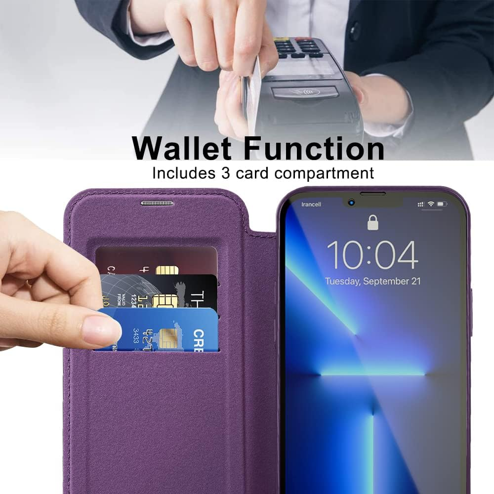 SIYOPINPFY Case for Iphone 13 Pro Max [Compatible with Magsafe] Wallet Flip Case with Card Slot RFID Lock Shockproof Protective Case Back Transparent Mobile Phone Case for Iphone 13 Pro Max, Purple JD image number 1