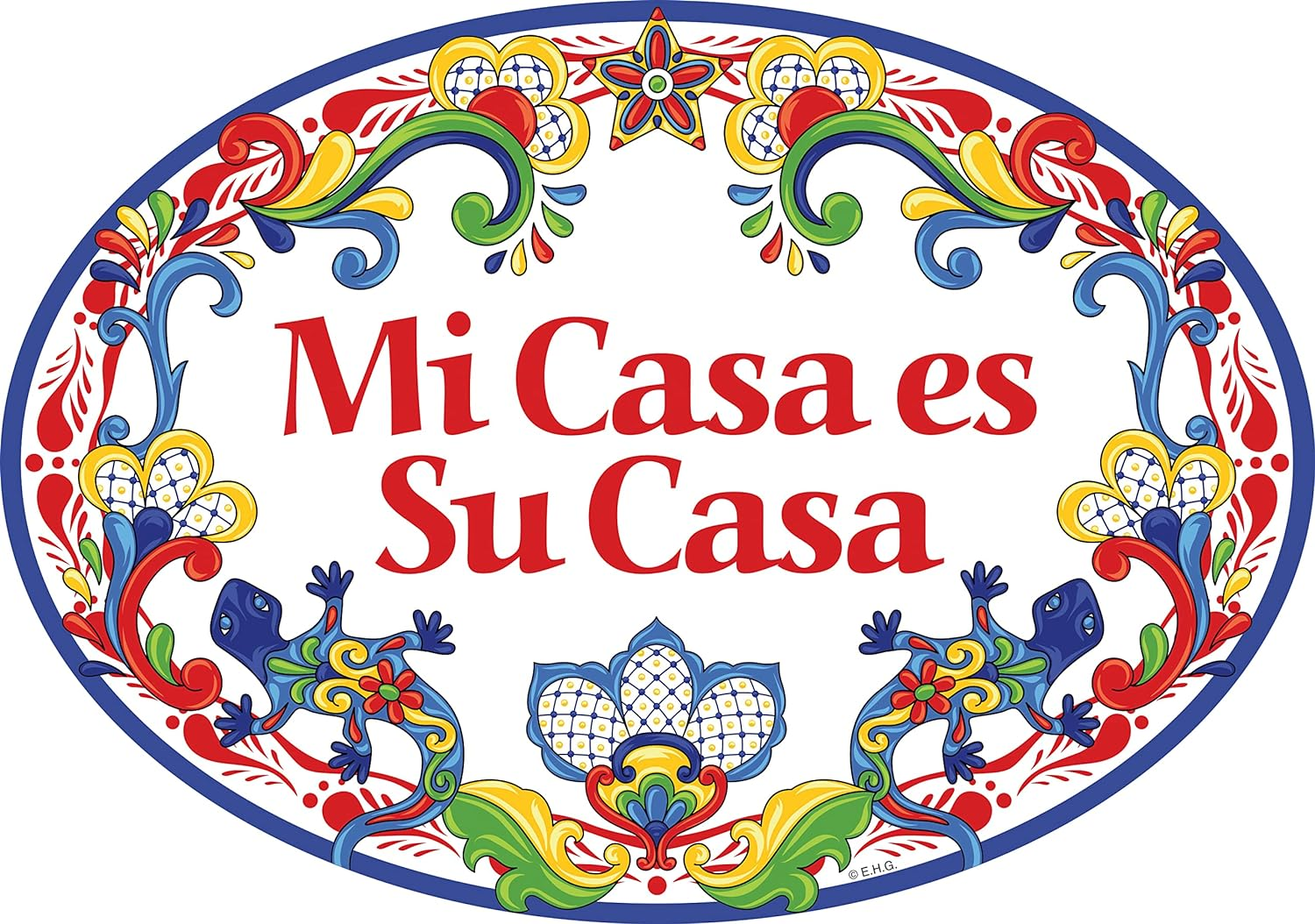 "Mi Casa Es Su Casa" Traditional Artwork My House Is Your House Ceramic 11X8 Inches Spanish Regalo Front Door Sign by E.H.G. (Yellow-Blue Border)
