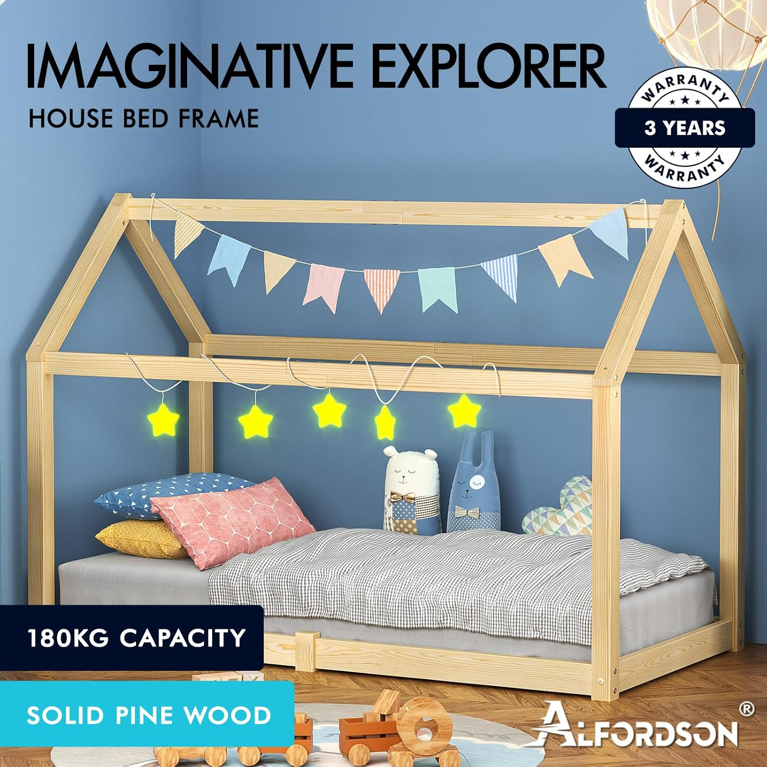 ALFORDSON Wooden Timber House Frame Single Mattress Base Platform, Kids Bed Frame W/O Guard Rail, Rocco Oak Bedroom Furniture, Solid Pine Wood Bed Base Foundation Children'S Beds image number 7