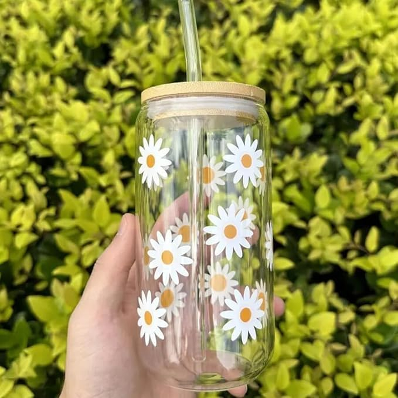 Cute Daisy Cup 16Oz Iced Coffee Cup, Cute Glass Cups with Bamboo Lids and Straws Beer Can Milk Mocha Cups - Christmas, Birthday Gifts for Women,Women'S Holiday 500Ml image number 3