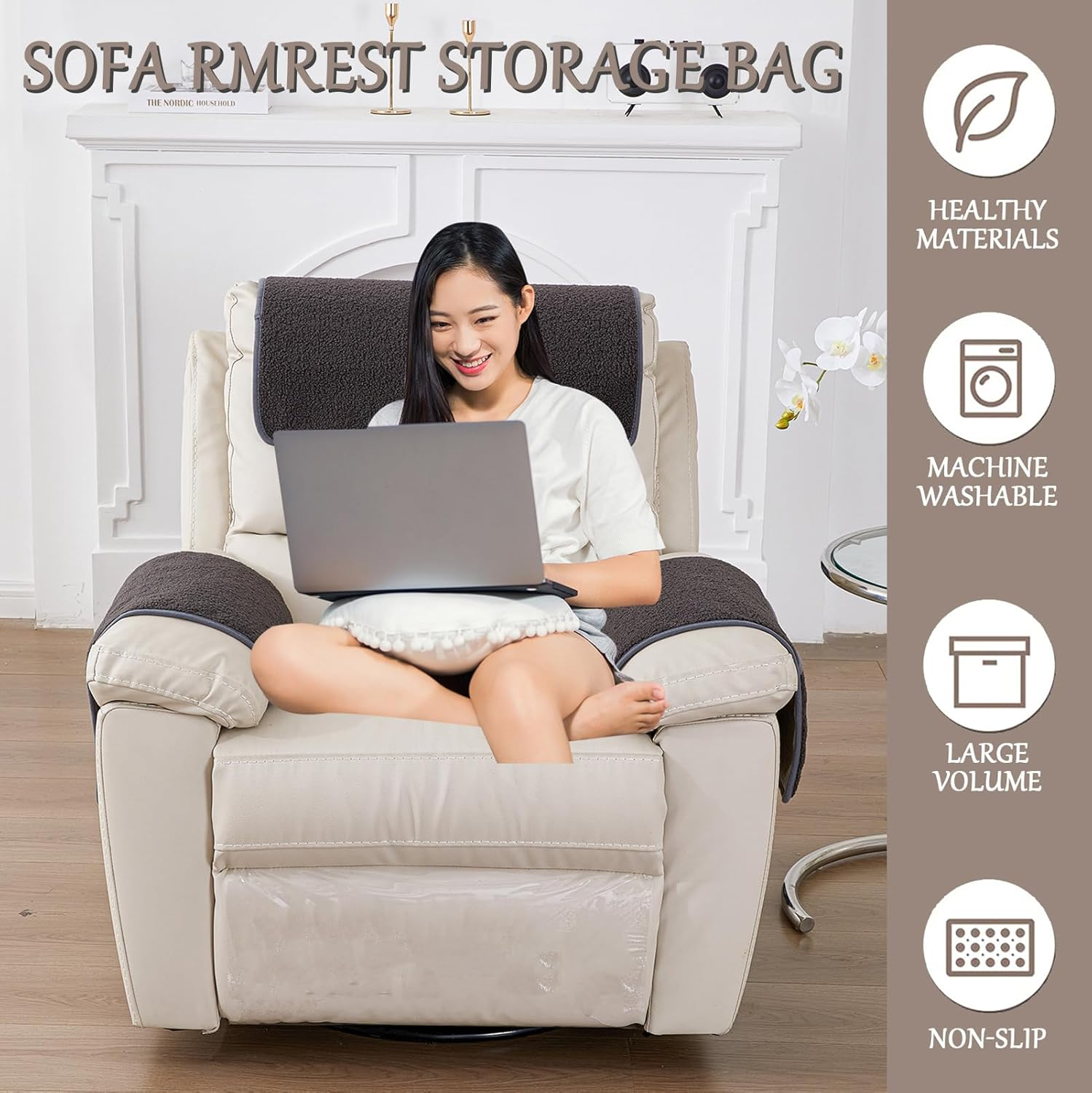 Armrest Cover, Recliner Chair Protector, Furniture Protector Slip, Side Storage Pocket, Stretch Armchair Couch Arm Rest Cover for Recliner, Chair, Sofa (Dark Gray,3 Seater(5Pcs)) image number 7