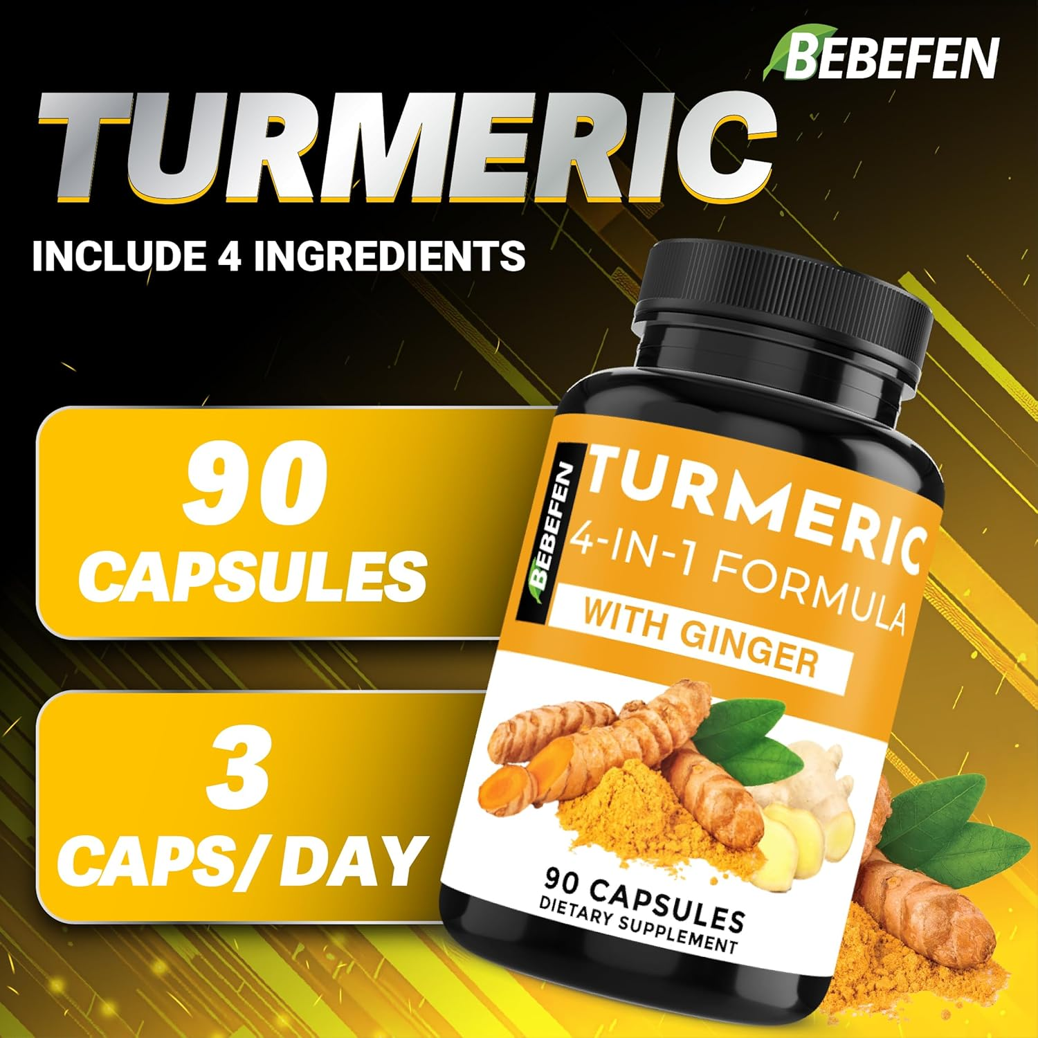 Turmeric Curcumin Supplement with Ginger | 95% Curcuminoids | and Black Pepper - 4In1 Turmeric Capsules - 90 Capsules image number 1