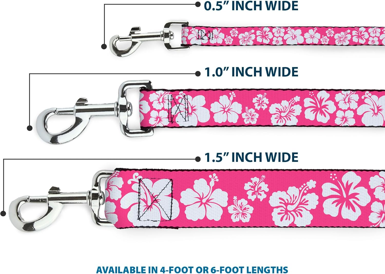 Buckle-Down DL-6FT-W30853 Hibiscus Neon Pink/White Dog Leash, 6' image number 2