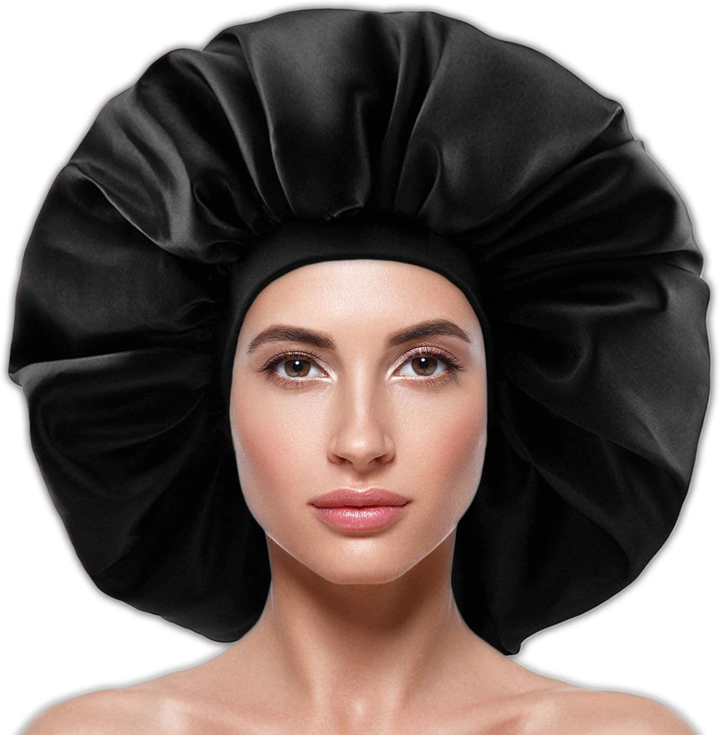 Large Silky Satin Bonnet Shower Cap for Women, Sleeping Cap with Wide Elastic Band, Soft Satin Night Hat Hair Wrap for Curly Natural Long Hair, Big Satin Head Cover for Sleep (Black+Red)
