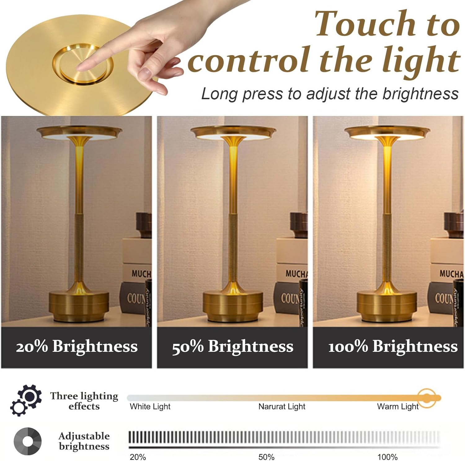 Starhot&mdash;&mdash;Rechargeable Cordless Table Lamp - 3000Mah LED Desk Lamp with USB-C Charging, 3-Color Stepless Dimming, Memory Function, IPX4 Waterproof, Cordless Lamp,For Bedroom/Outdoor/Dining/Patio (Gold) image number 6