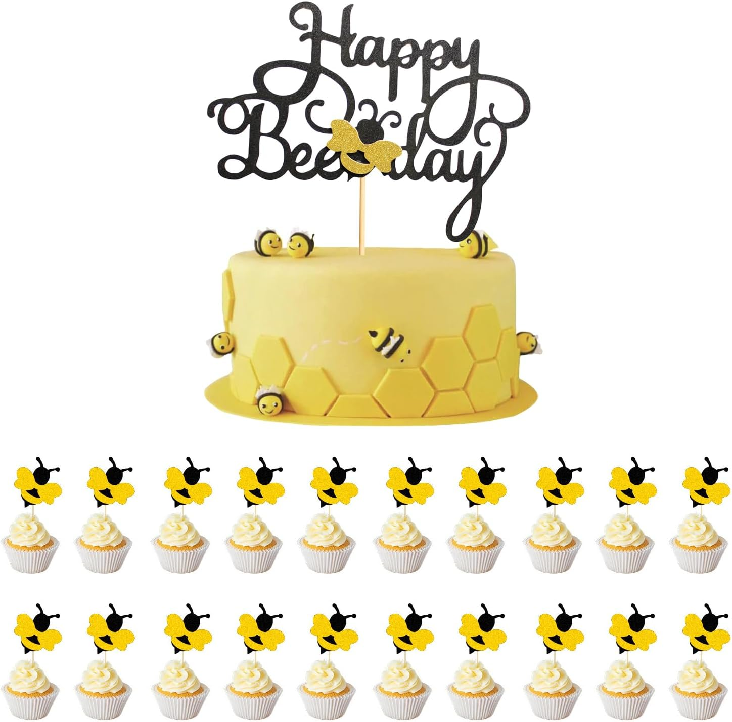 21 Pcs Cupcake Toppers - Happy Bee Day & Birthday Cake Toppers - Bumble Bee & Glitter Bee Cupcake Picks for Baby Shower & Party image number 5