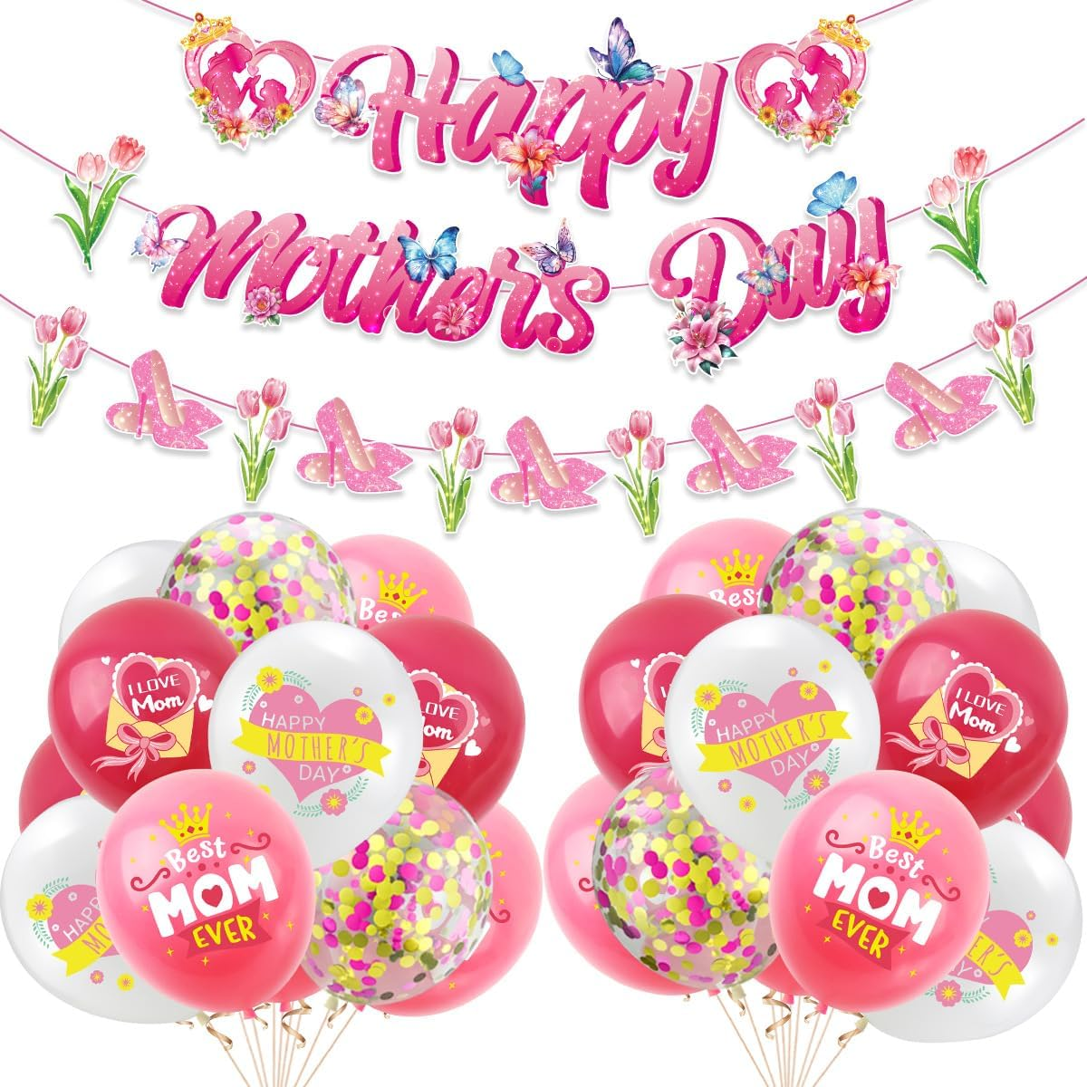Mother'S Day Party Decoration Set - Banner, Spiral Hangings, Balloons, Cake Topper - Happy Mothers Day Best Mom Ever Theme (Pink Style-23Pcs)