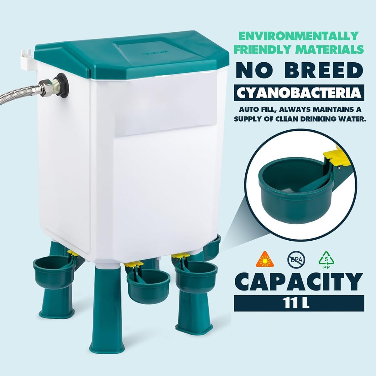 CLOUDSEASON Chicken Waterer Float Controlled for Continuous Water Large Capacity 12KG Auto Chicken Feeder and 11L Poultry Waterer with 145Cm Water Hose (One End 2Cm) image number 3