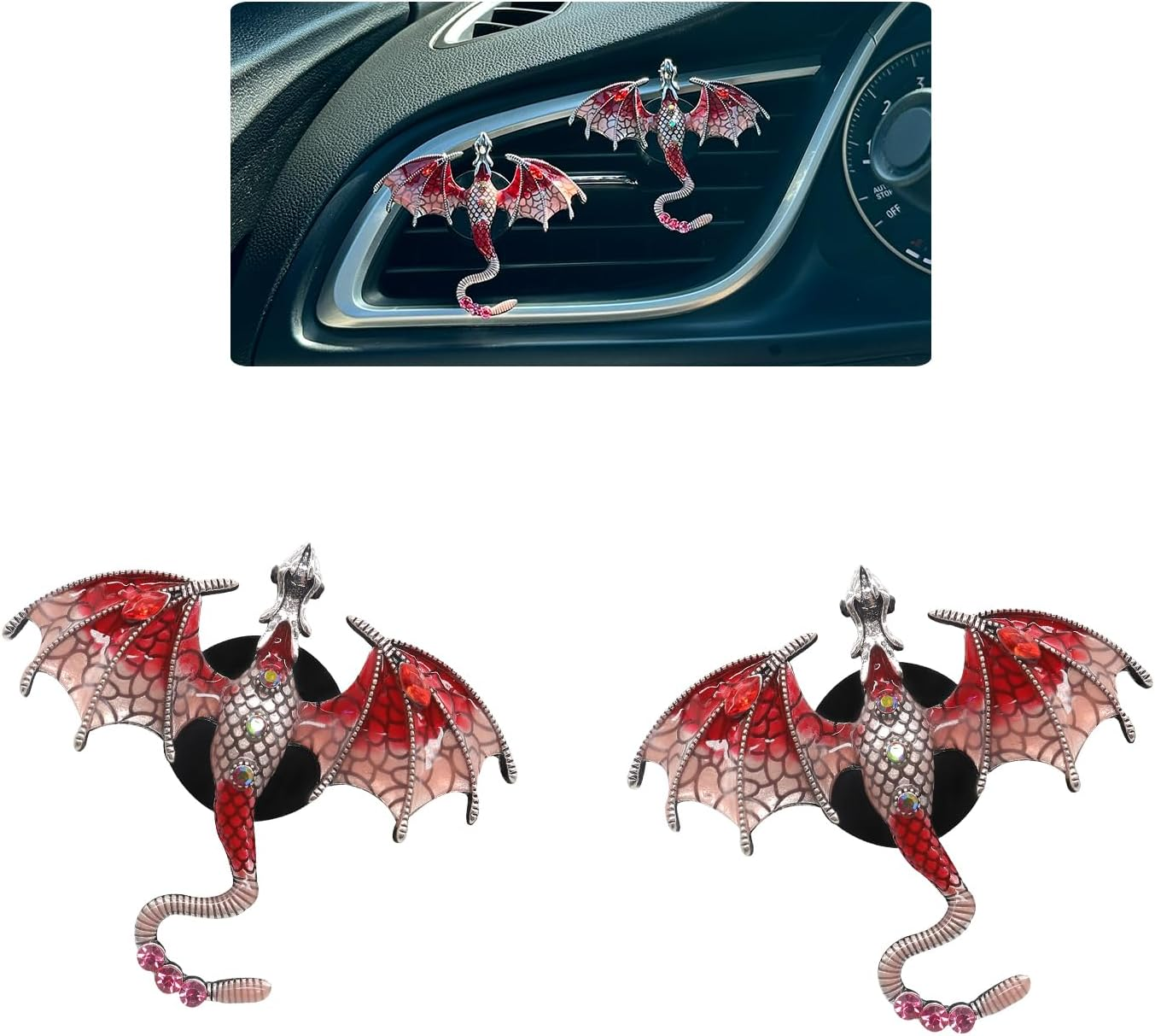 Red Car Accessories 2Pcs Bling Dragon Car Air Freshener Vent Clips Cute Alloy Red Enamel Wyvern Dragon Vent Clips Car Accessories Refillable Car Essential Oil Diffuser Goth Car Decor image number 4