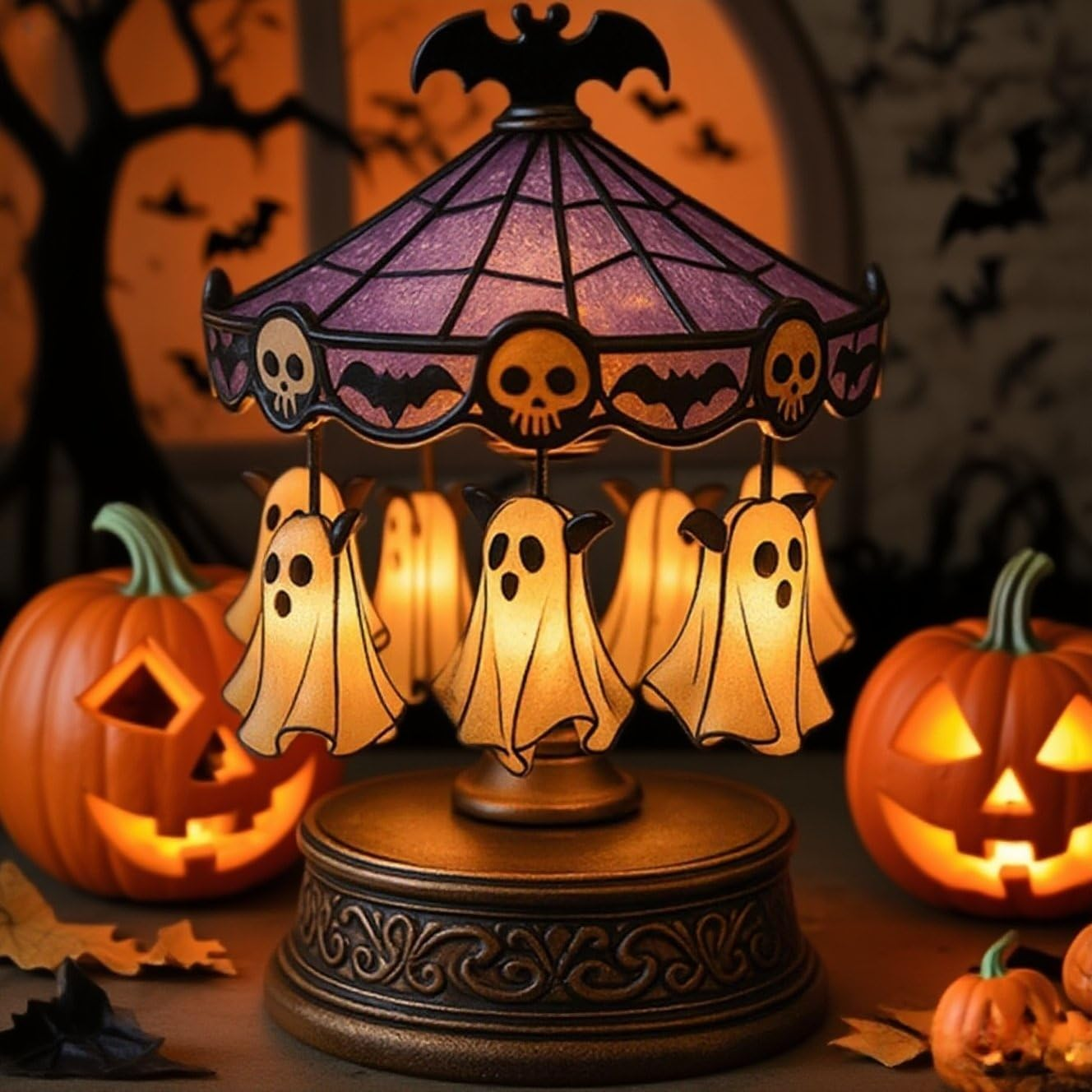 Ghost Carousel Lights, Halloween Ghost Carousel Night Light Decor, Night Light USB Rechargeable, Antique Copper Base & Purple Stained Glass, for Indoor Home Party Kitchen Table