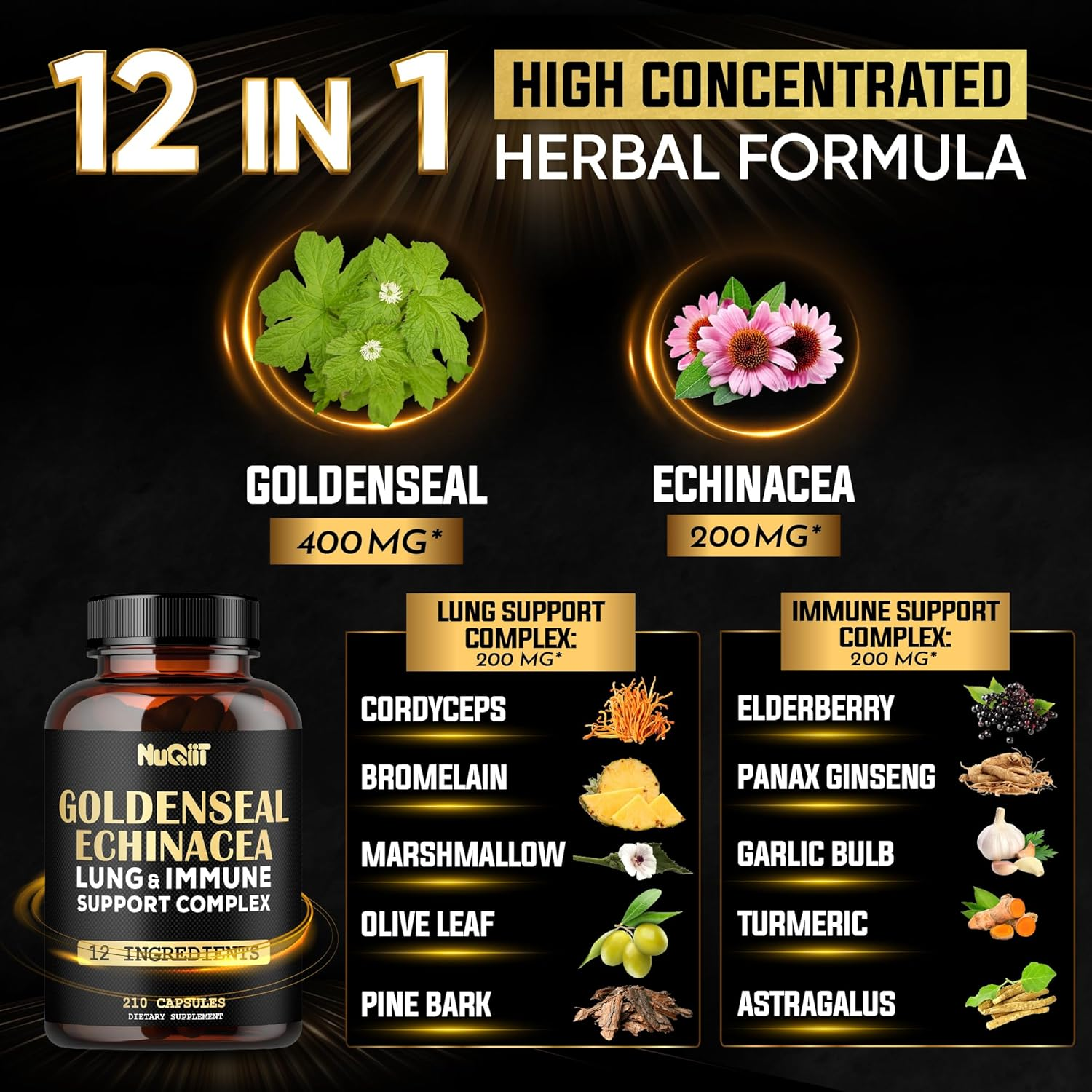 210 Capsules - 1000Mg Goldenseal Root Capsule with Panax Ginseng Root, Bromelain, Immune Support Complex as Elderberry, Garlic Bulb - Digestive Health, Body Balance & More - Goldenseal Root Powder image number 2