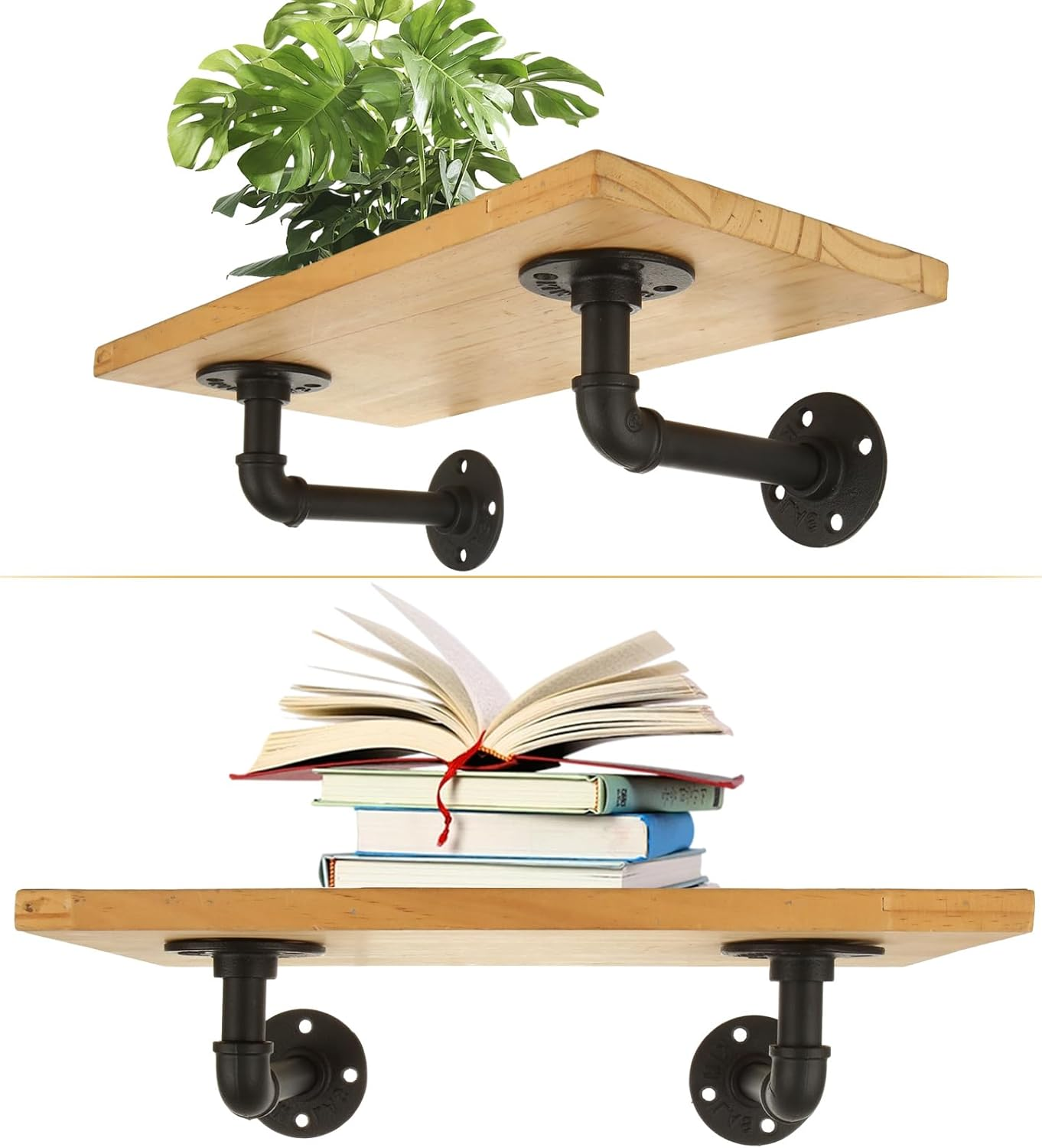 GBACHOOSE 6Pcs Industrial Pipe Shelf Brackets, Black Pipe Brackets Floating Shelf for Book Shelf Floating Shelves, Custom Wood Shelves Wall Mounted, Metal Rustic Pipe Decor with Hardware Included image number 4