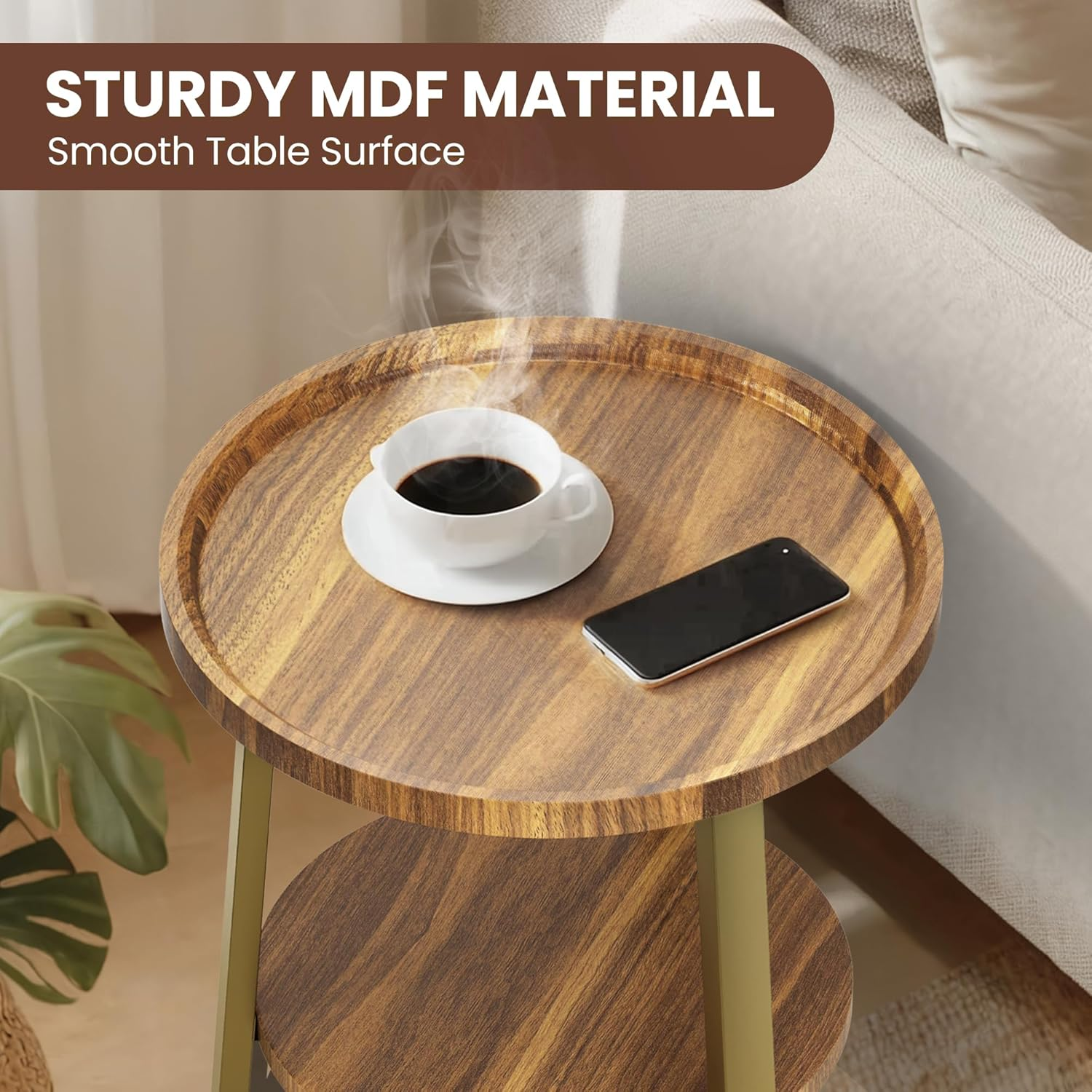 PATIOPIA 2 Tier Side Table, round End Table with Storage Shelf, 19.7" D X 23.6" H Rustic Accent Table for Living Room Small Space,Golden Metal Frame image number 4