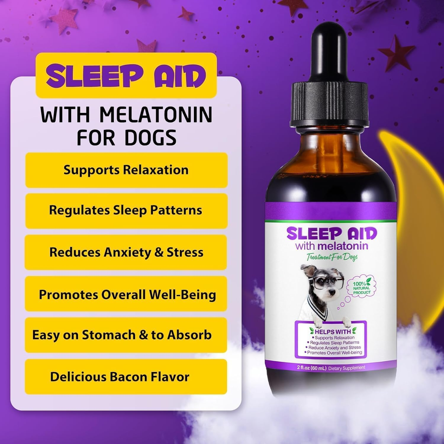 Melatonin for Dogs & Cats, Promote Relaxation & Deep Sleep, Relief Anxiety & Stress, Helps with Separation Anxiety & Travel Stress, Sleep Aid for Small to Large Dog Breeds, (60 Ml)