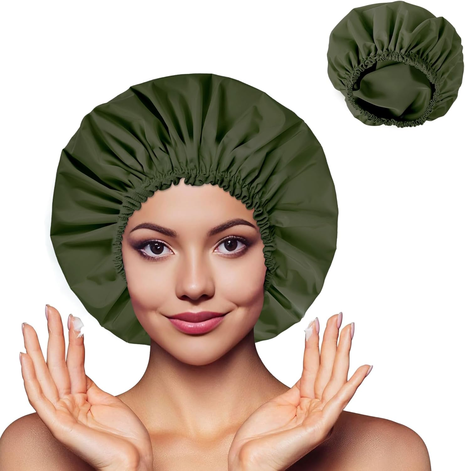 Shower Cap for Women, Double Layer Waterproof Bath Cap, Reusable Hair Protector, Large Waterproof Shower Bonnet Washable Elastic Band Bath Hair Hat for Long Hair, Braids， - Dark Green image number 6