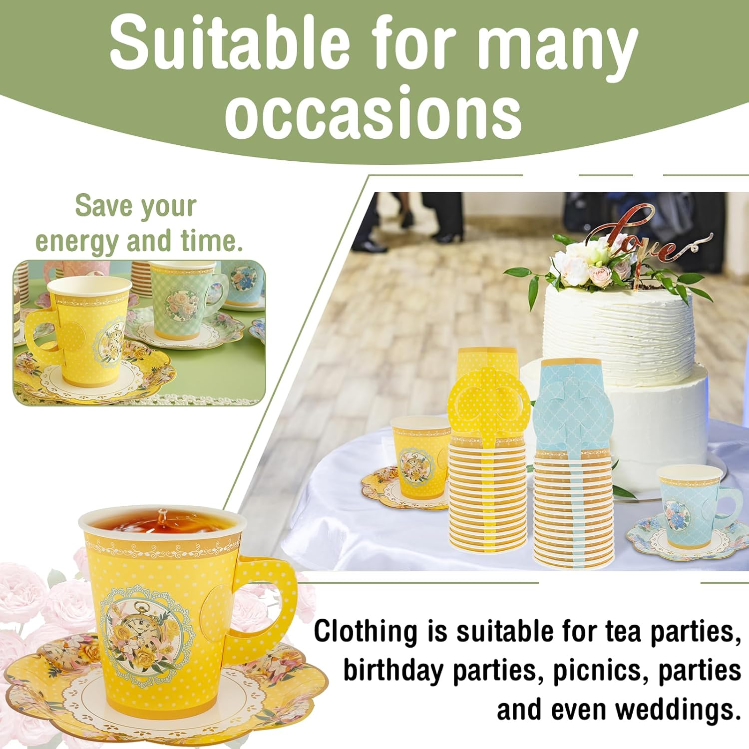 64 Sets Tea Party Supplies,Floral Paper Tea Cups and Saucers,Colorful Flower Teacups,Floral Tea Cups with Handle for Hot Cold Beverage Birthday Wedding