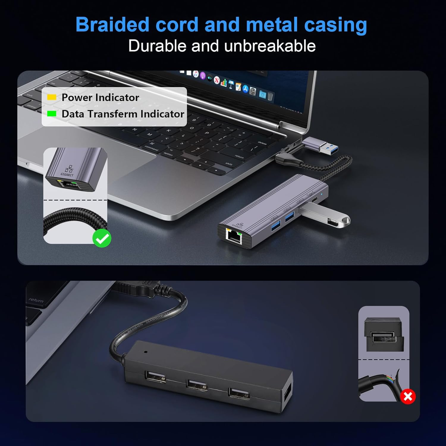 5-In-2 USB C to Ethernet Adapter 1000Mbps with 3*USB 3.0 & 1*USB C, USB 3.0 to RJ45 Gigabit LAN Network Adapter Nylon Braided & Aluminum Alloy Ethernet Hub for PS4/5, Ipad, Macbook, Surface, Dell XPS image number 3