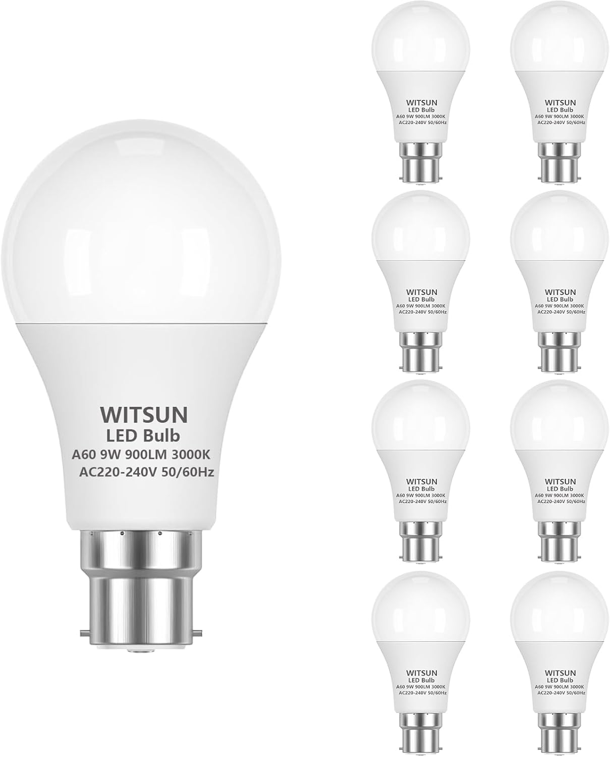 B22 Bayonet Cap LED Light, 9W = 90W Equivalent Bulb, 900LM Lumens, 3000K Warm White Standard BC A55 LED, Bright Energy Saving Non-Dimmable, CRI>80, 230V, 50-60Hz - Pack of 8