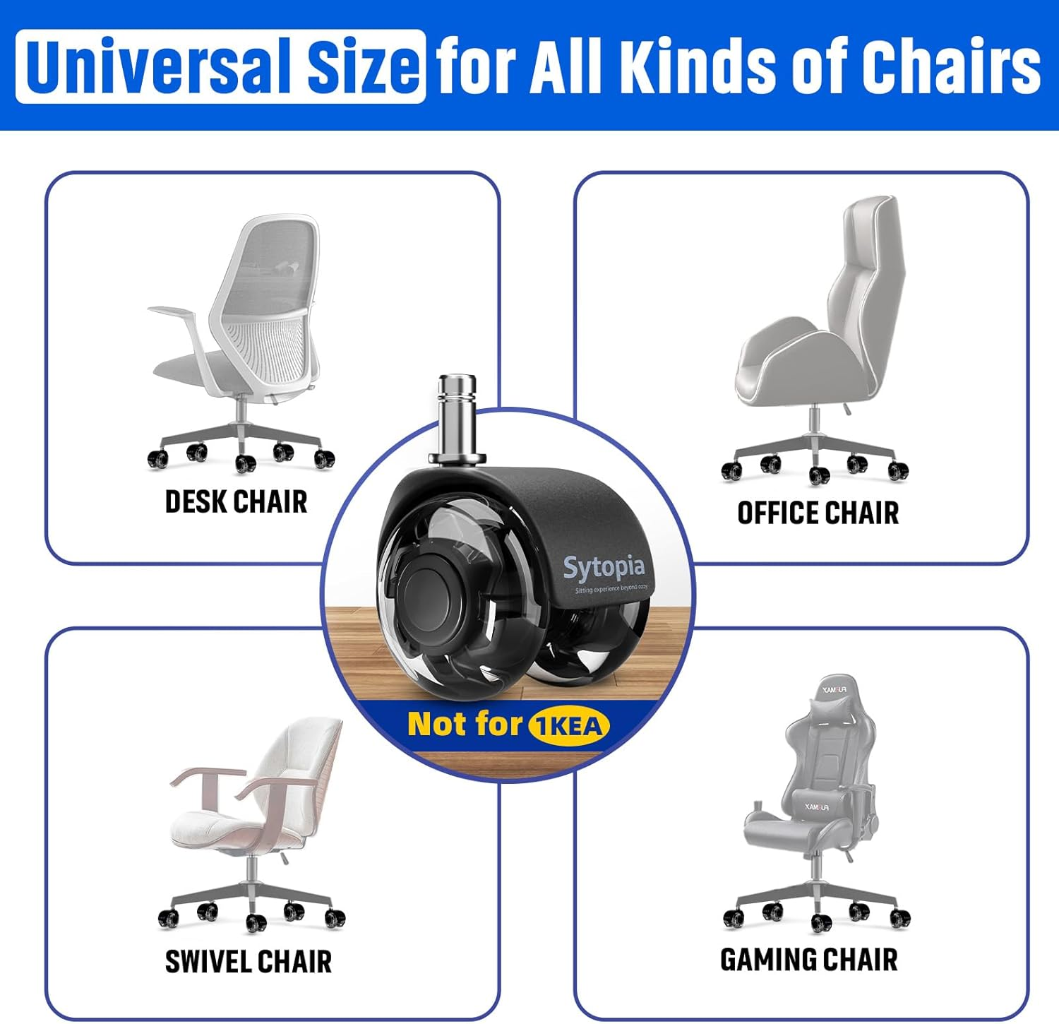 Sytopia Universal Office Chair Castors, Set of 5 Office Chair Castors 11 X 22 Mm, Perfect Quiet Rubber Castors for Office Chairs, Wheels for Hard Floors, Parquet Floors (Black, Not for 1KEA) image number 4