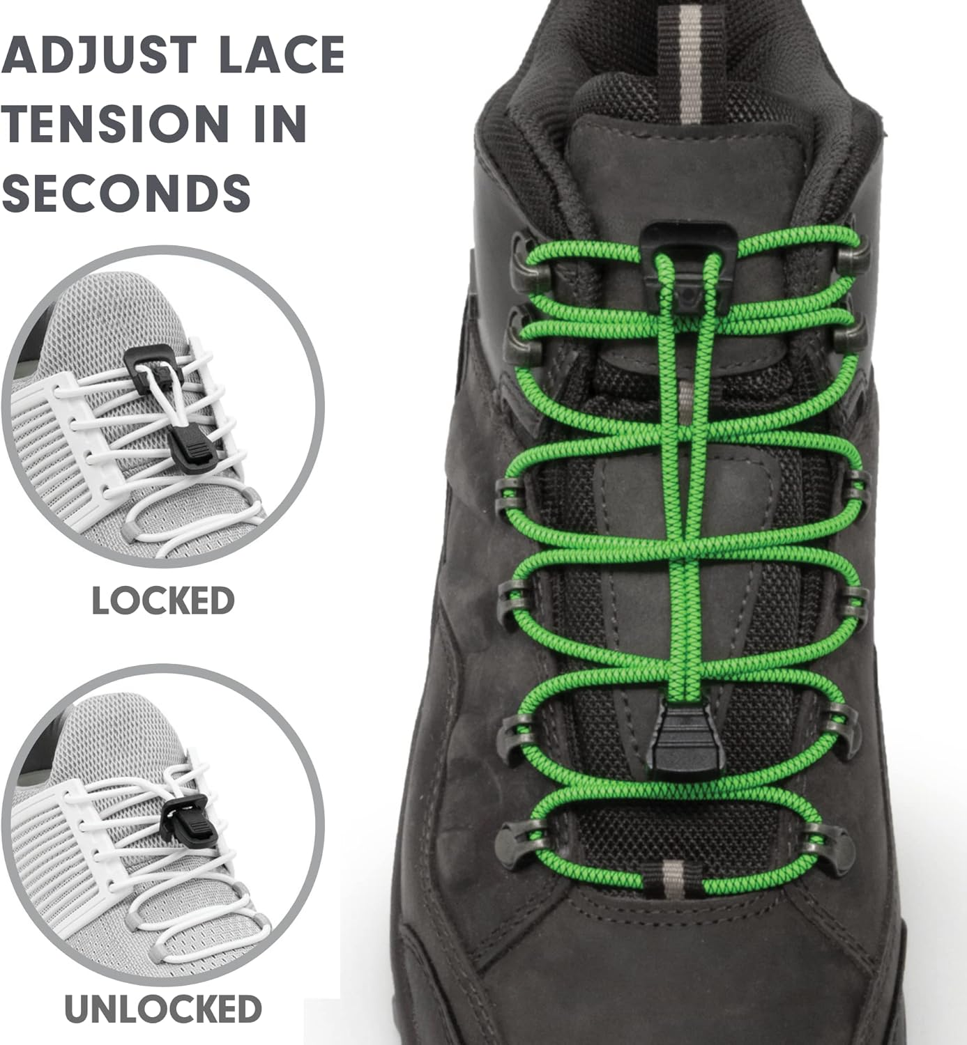 Xpand Quick Release Round-Lacing No Tie Shoelaces System with Elastic Laces - One Size Fits All Shoes (Patterned Neon Green, 132 Cm) image number 4