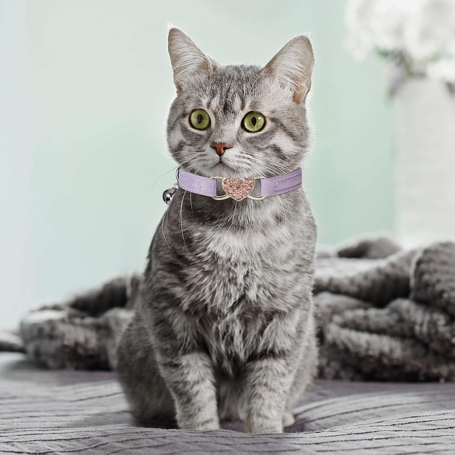 Weewooday 4 Pcs Rhinestone Cat Collar Heart Bling Breakaway Girl Cat Soft Velvet Fancy Adjustable Safety Kitten Collar with Bell for Kitty(Pink, Purple) image number 1