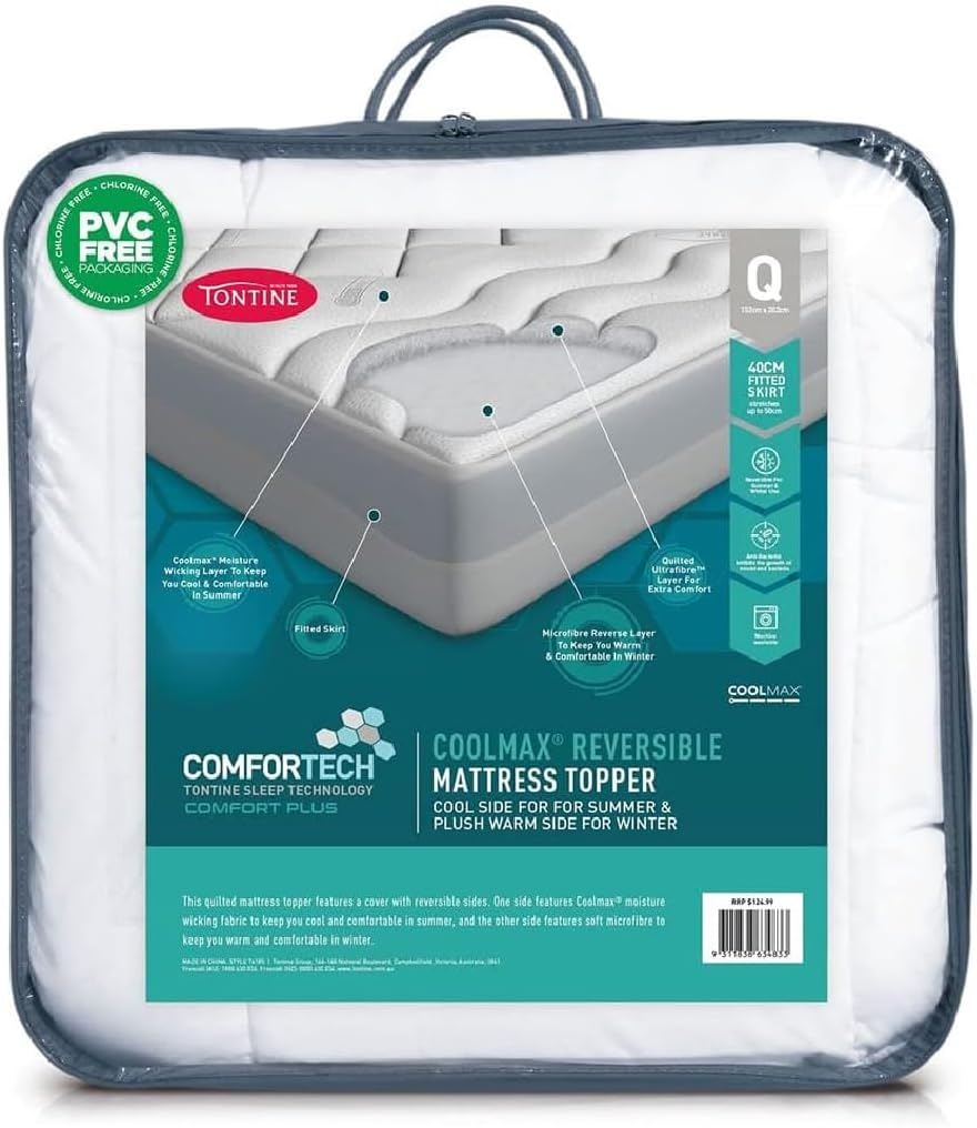 Tontine Reversible Coolmax Quilted Mattress Topper, Queen &ndash; Cooling Summer Side with Moisture-Wicking Fabric & Warm Winter Side &ndash; Soft Ultrafibre Polyester Fill &ndash; 50Cm Fitted Skirt &ndash; Machine Washable image number 2