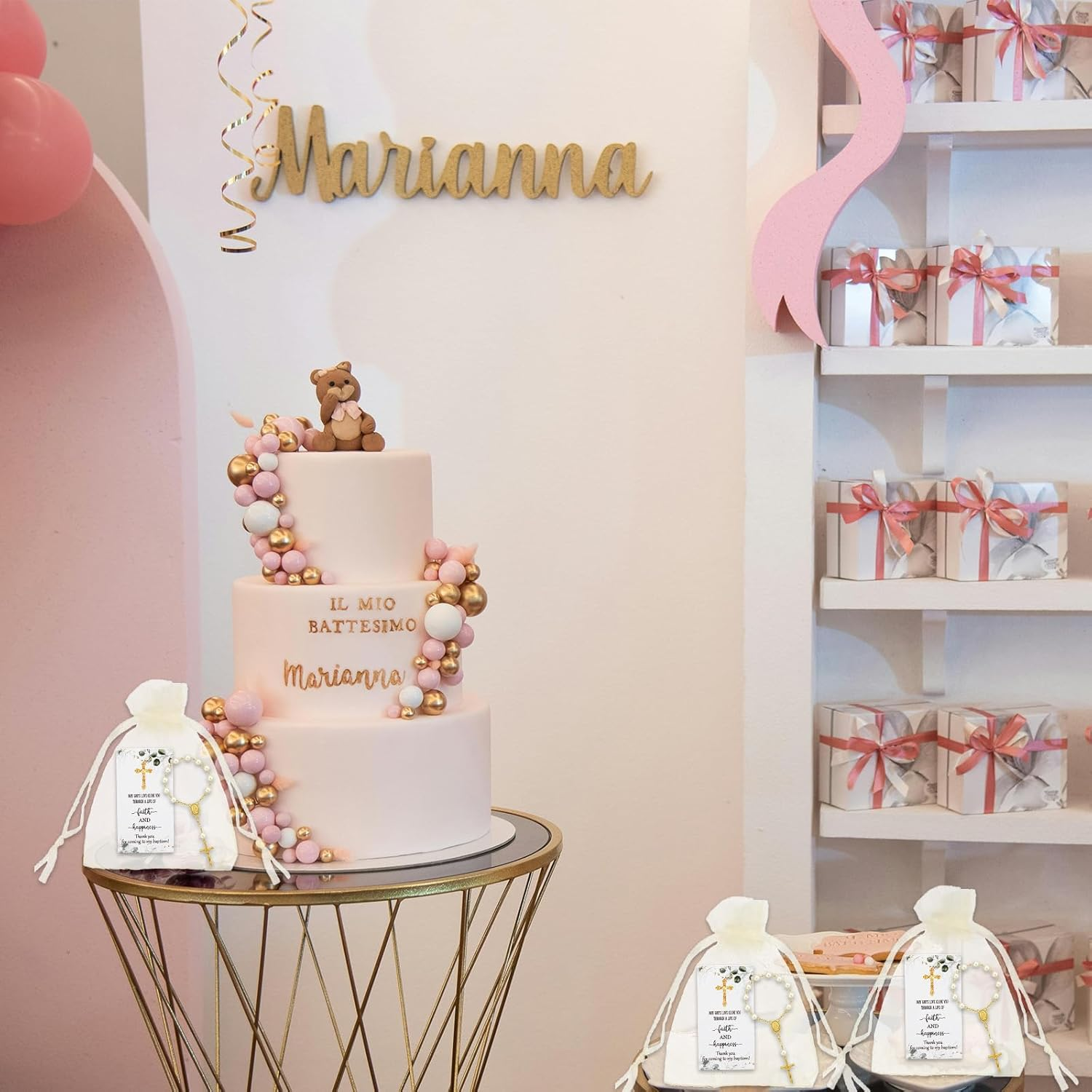 50 Sets Baptism Favors for Guests Acrylic Rosary Beads Faux Pearls Organza Gift Bags Thank You Cards Silver Angel Charm Keychain for Baptism Christening First Communion Party Supplies (Gold) image number 1