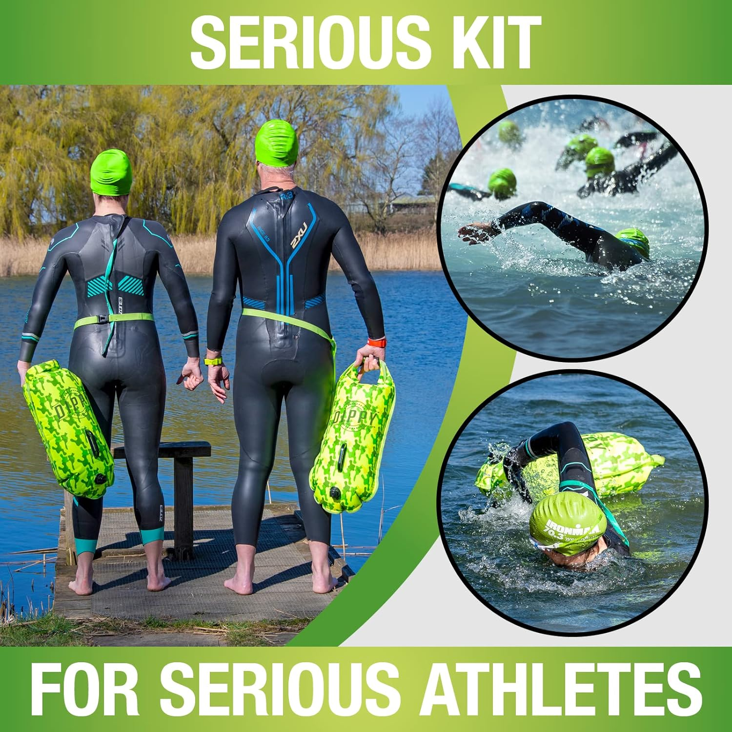DIPPY Tow Floats for Open Water Swimming | 28L Swim Buoy Open Water Swimming Float | Waterproof Swimming Buoy | Tow Float Dry Bag | Wild Swimming Float | Wild Swimming Accessories (Green Cammo)