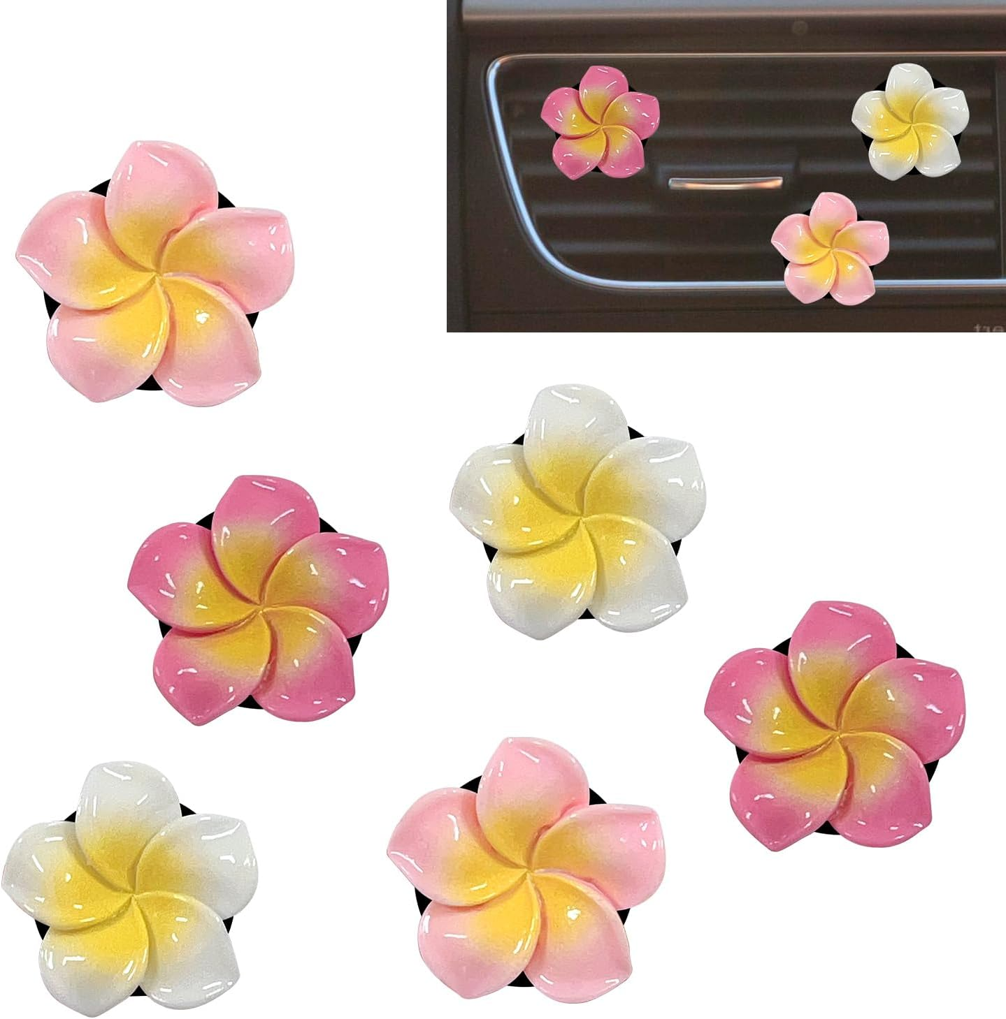 6Pcs Plumeria Flower Car Air Vent Clips, Tropical Flowers Car Air Freshener Accessories, Cute Car Decorations (White and Pink) image number 4