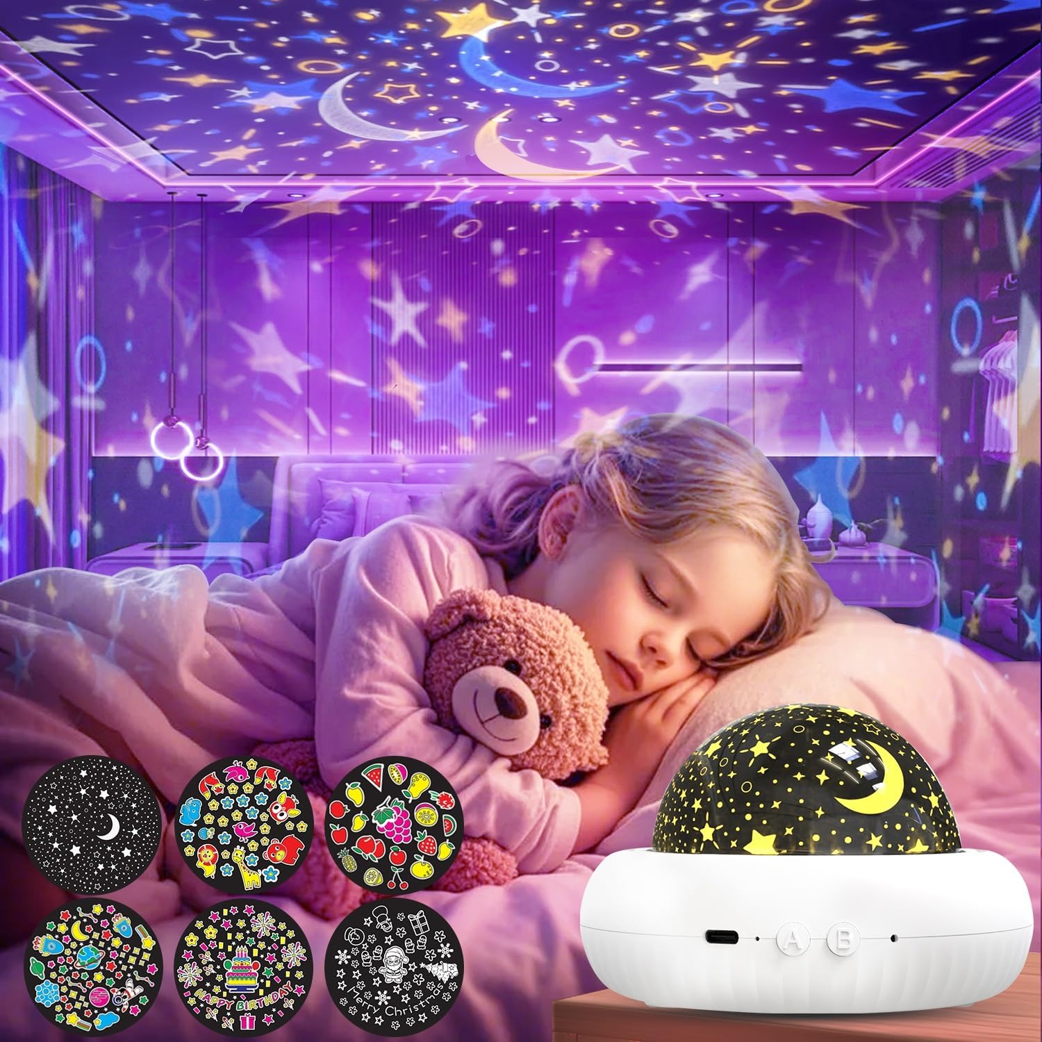 Kids Projector Night Light + 8 Sets of Films, Galaxy Night Light with 360 Rotation, Starlight Projector for Bedroom, Ceiling, Warm Lamp for Sleeping, Gifts for Birthday, Christmas, Nursery, Room Decor