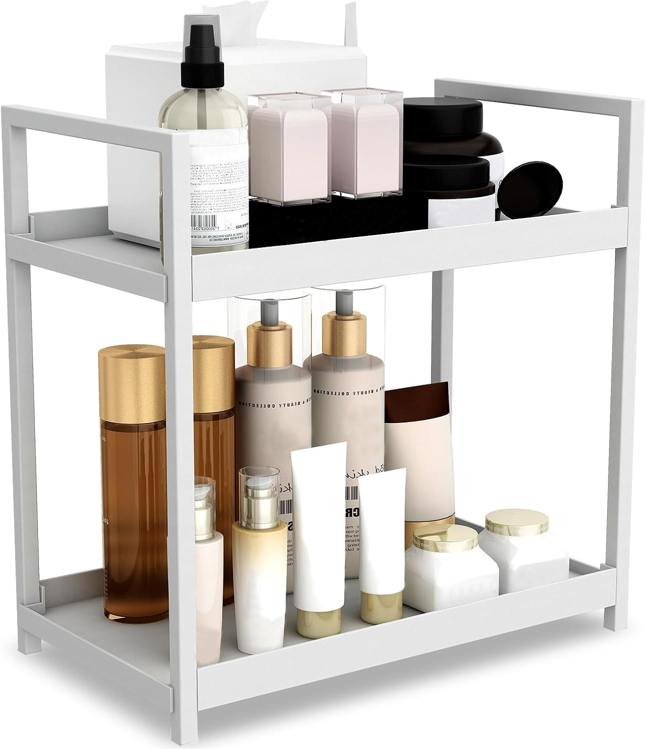 2-Tier Bathroom Counter Organizer with Basket, Vanity Tray Shelf, Bathroom Organizer Countertop, Vanity Organizer Bathroom Tray, Makeup and Skincare Organizers for Vanity Kitchen Spice Rack (White)