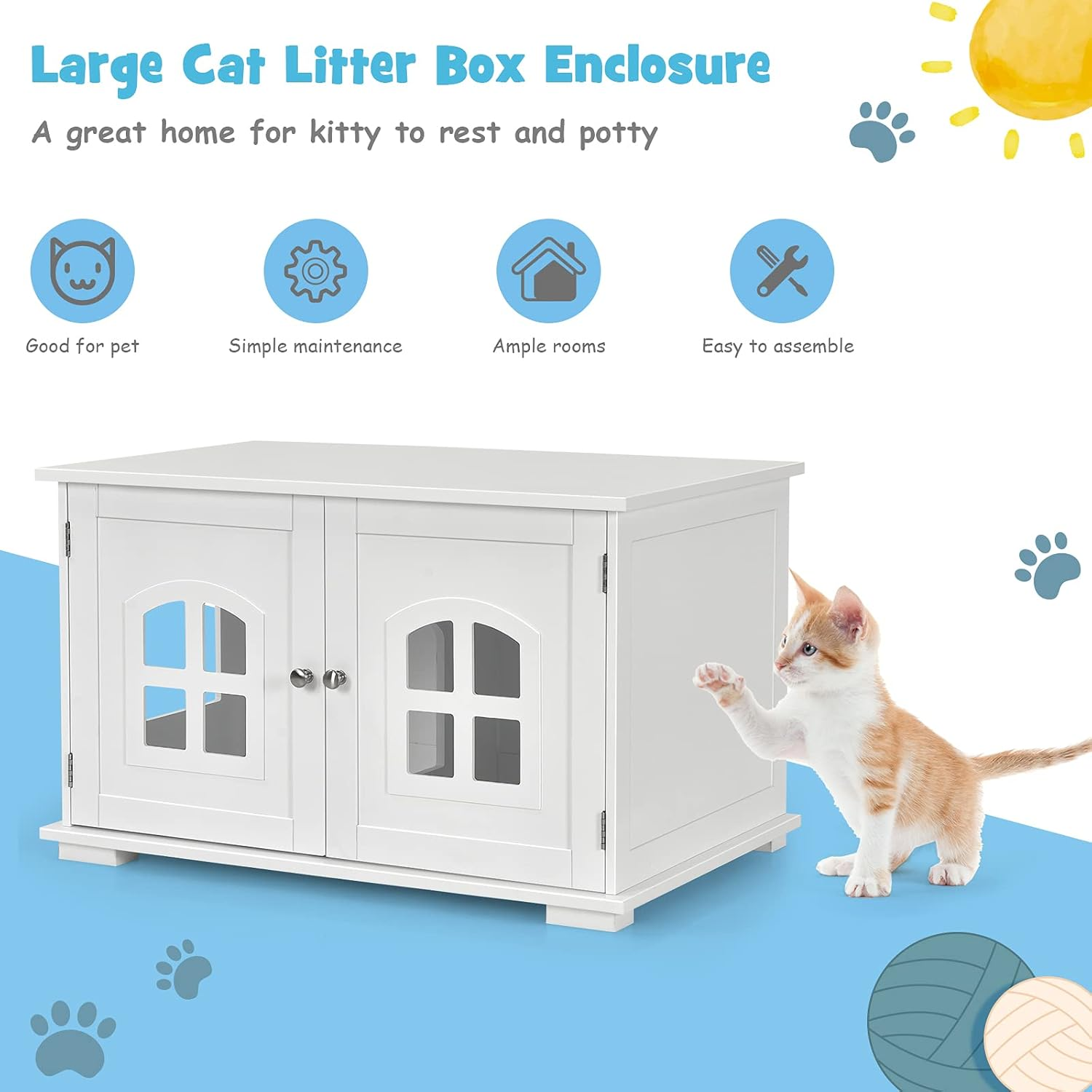 Costway Cat Litter Box Enclosure Furniture Hidden, Wooden Washroom Storage Cabinet Bench W/Cross Windows, Doors&Arched Doorway, Indoor Cat House, Pet House Cover, Side Table for Living Room, Bedroom image number 4