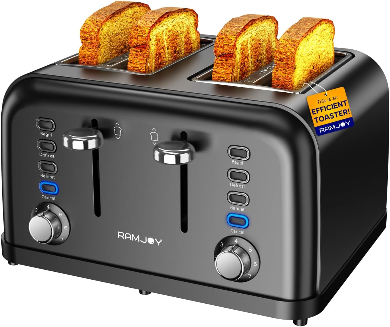 Toaster 4 Slice, Dual Independent Controls, Extra Wide Slot Toasters for Bagel, Bread, Waffles, 7 Shade Settings, 4 Main Functions, Removable Crumb Tray, 1500 Watts, Black image number 2
