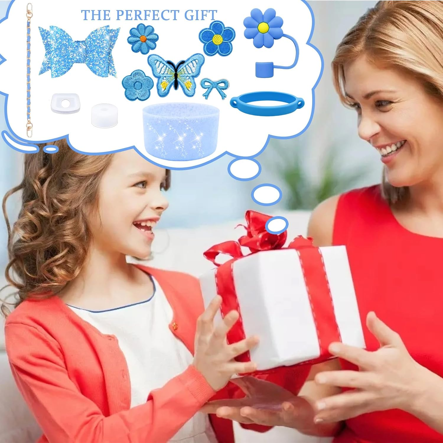 12PCS Bling Stanley Cup Accessories for 30Oz & 40Oz Tumbler with Handle,Including Leather Handle Strap,Straw Bow Decorate,Straw Topper Cover,Boot,Spill Proof Stoppers,Sticker (Blue) image number 1