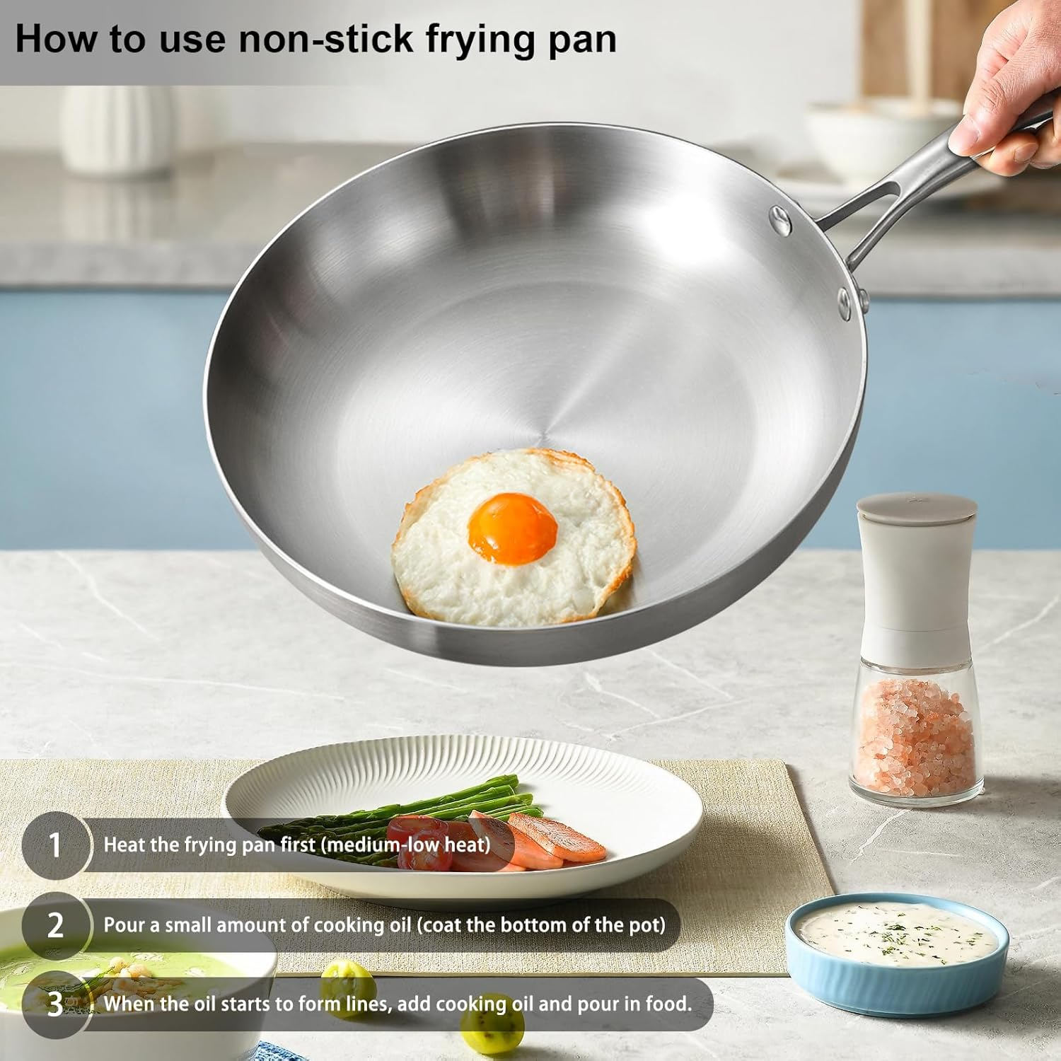 Stainless Steel Frying Pan Wok Nonstick Pan Fried Steak Pot Uncoated Kitchen Cookware for Gas Stove and Induction Cooker (22CM) image number 4