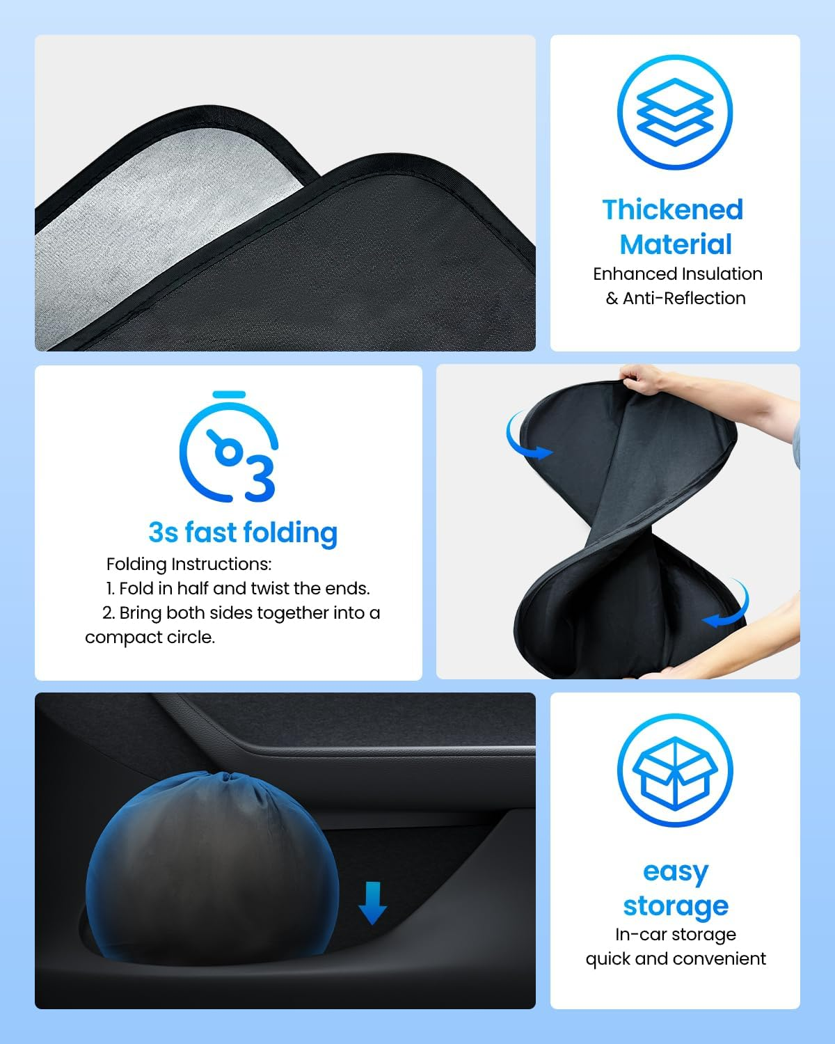 REEVAA 2025 Upgrade Tesla Model Y (2019-2026 Juniper) Windshield Sun Shade [99% Sun Protection for Ultimate Interior Protection] Keep Cool, Foldable Sunshade Car Accessories with Storage Bag image number 5