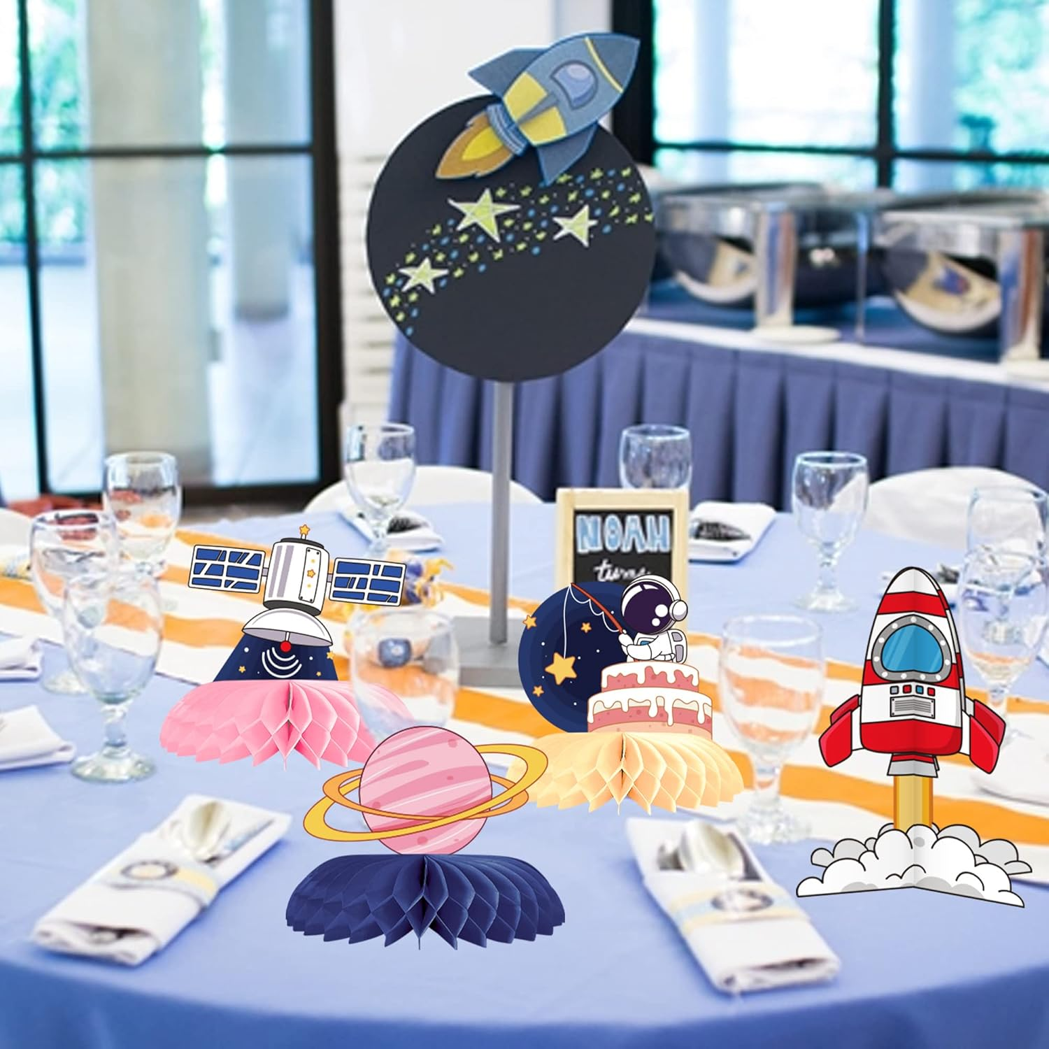Outer Space Themed Honeycomb Centerpiece 9 PCS Outer Space Party Decorations Birthday Party Table Toppers Double Sided Table Decorations Planet Rocket Astronaut Solar System Party Supplies image number 4