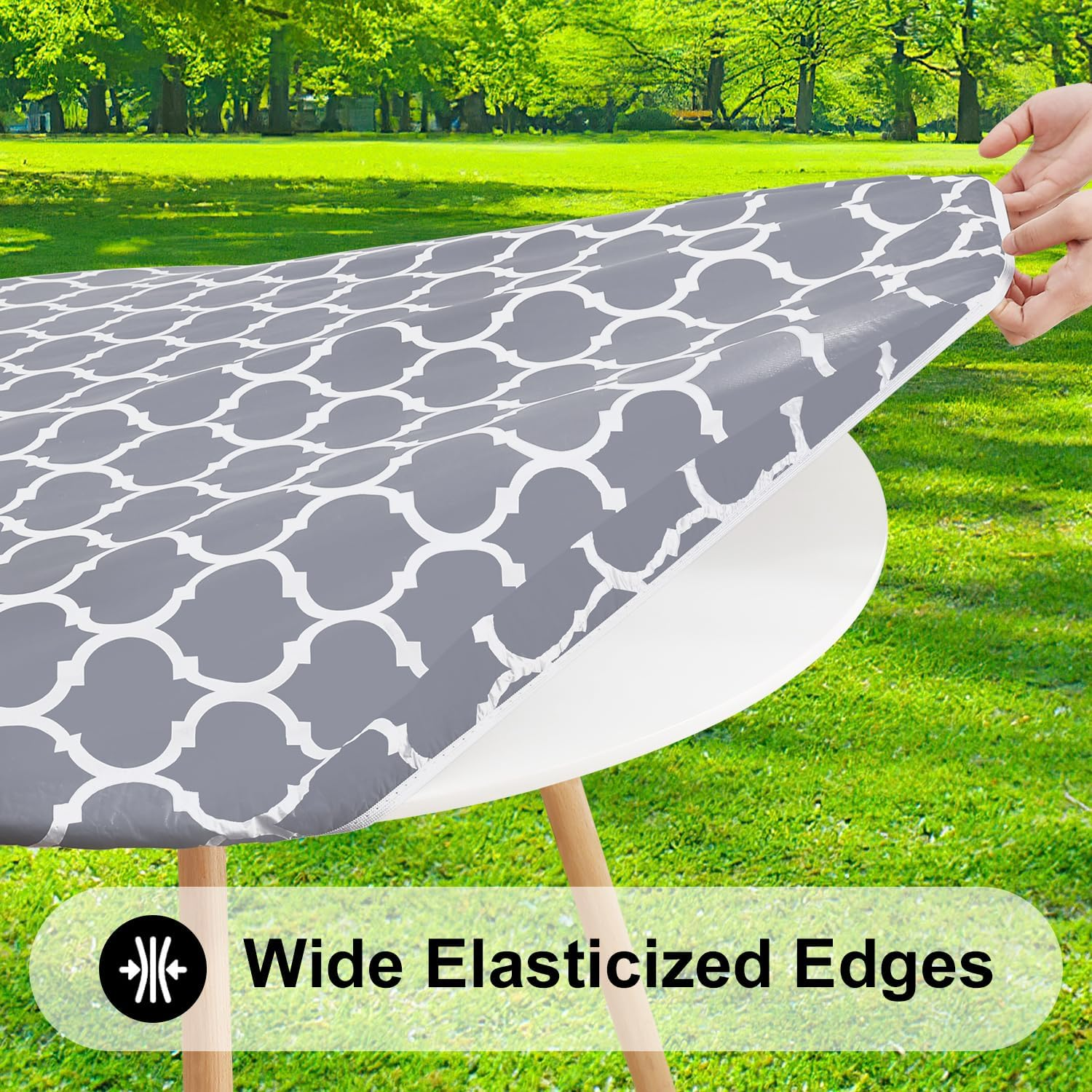 Smiry round Table Cloth Cover - Elastic Edged Flannel Backed Vinyl Tablecloth, Waterproof Wipeable Gray Moroccan Trellis Pattern Table Cover for Outdoor Indoor Room image number 5