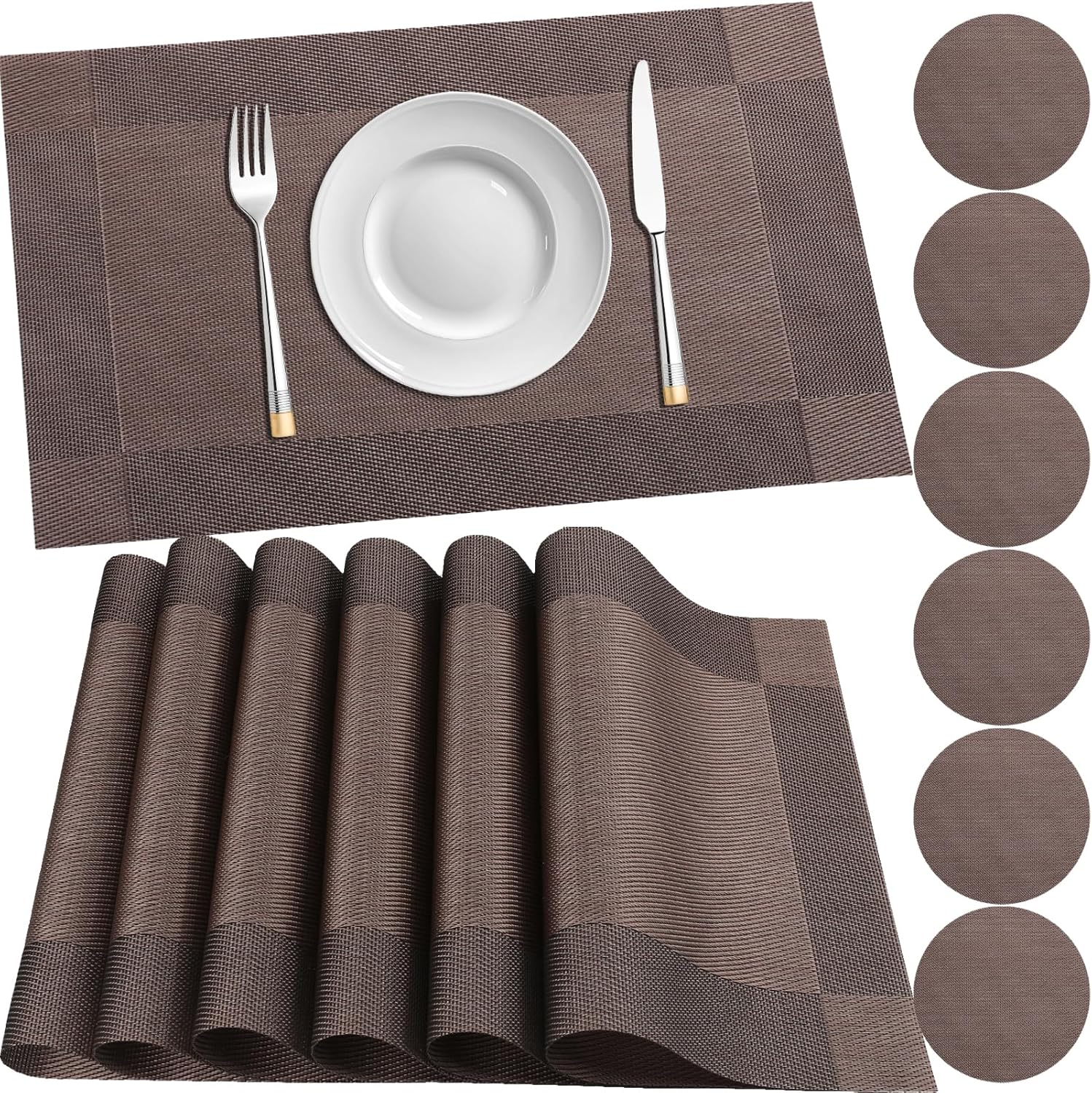 Neween Woven Placemats Set of 6 with 6 Coasters, Heat Resistant Washable Place Mats PVC Table Mats, Non-Slip Woven Vinyl Plastic Placemats for Kitchen Dining Table Easy to Clean (Black)
