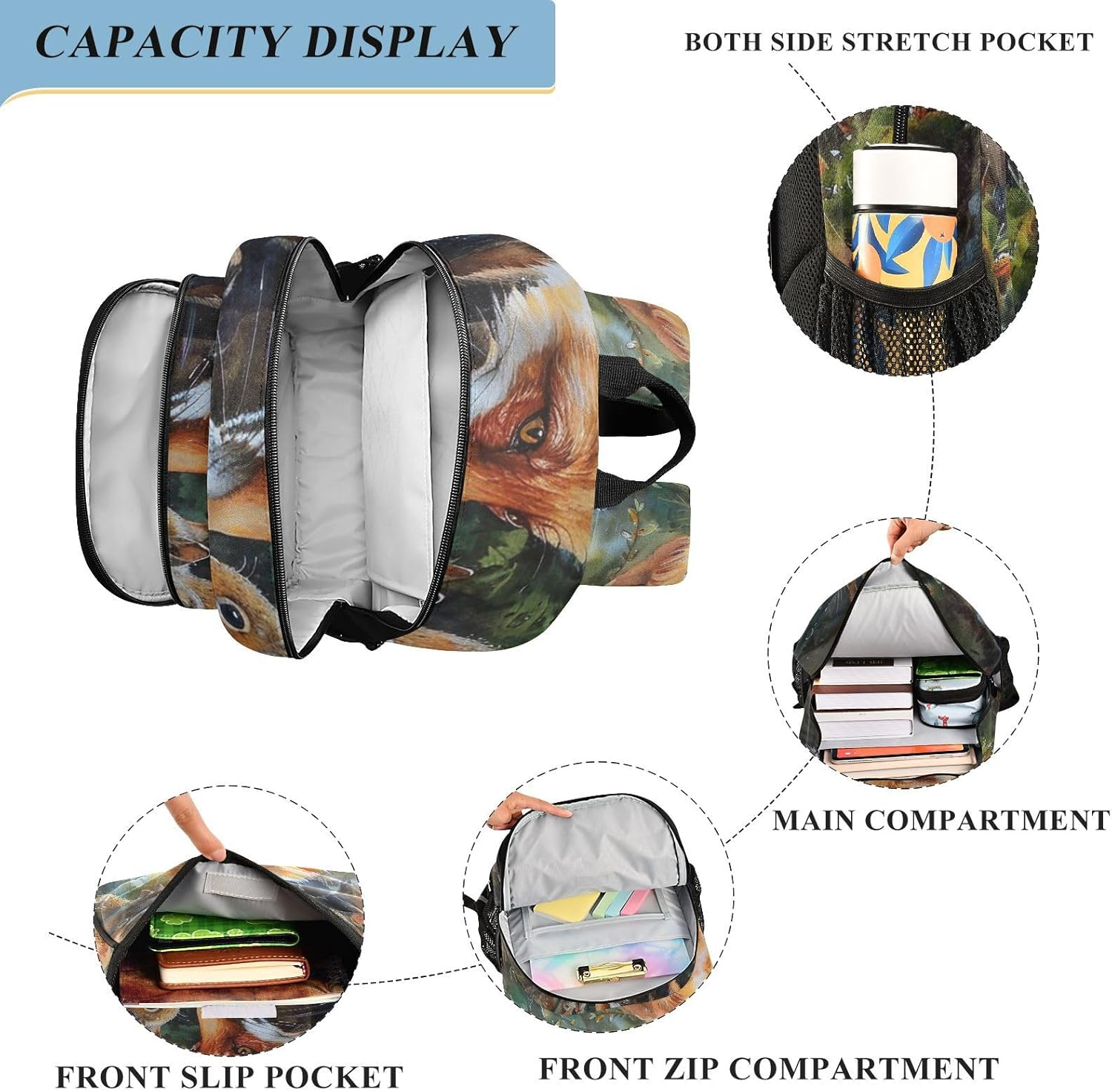 RPLIFE Forest Squirrel Fox Children'S Backpacks, Cool Backpacks for Kids, Backpack for 7 Year Old Boy, Forest Squirrel Fox, One Size, Traditional Backpacks image number 2