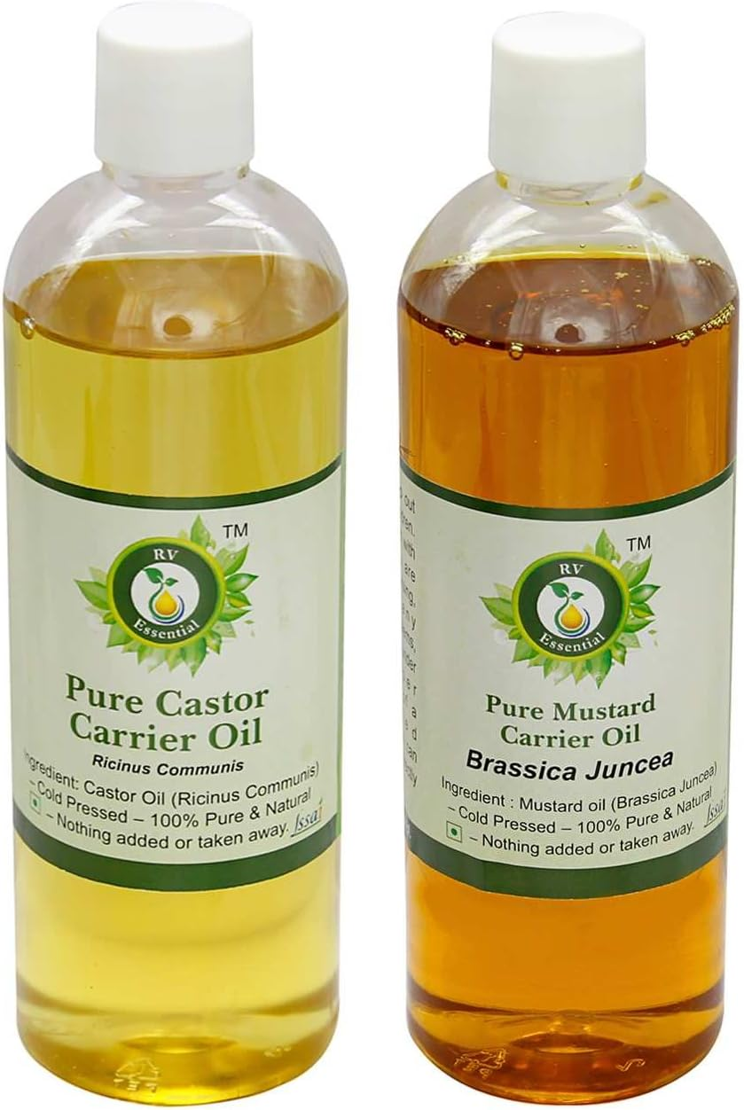 Castor Oil 100Ml and Mustard Oil 100Ml | 100% Pure Natural | Unrefined | for Hair | for Skin | Cold Pressed Oils | Pack of Two by R V Essential image number 1