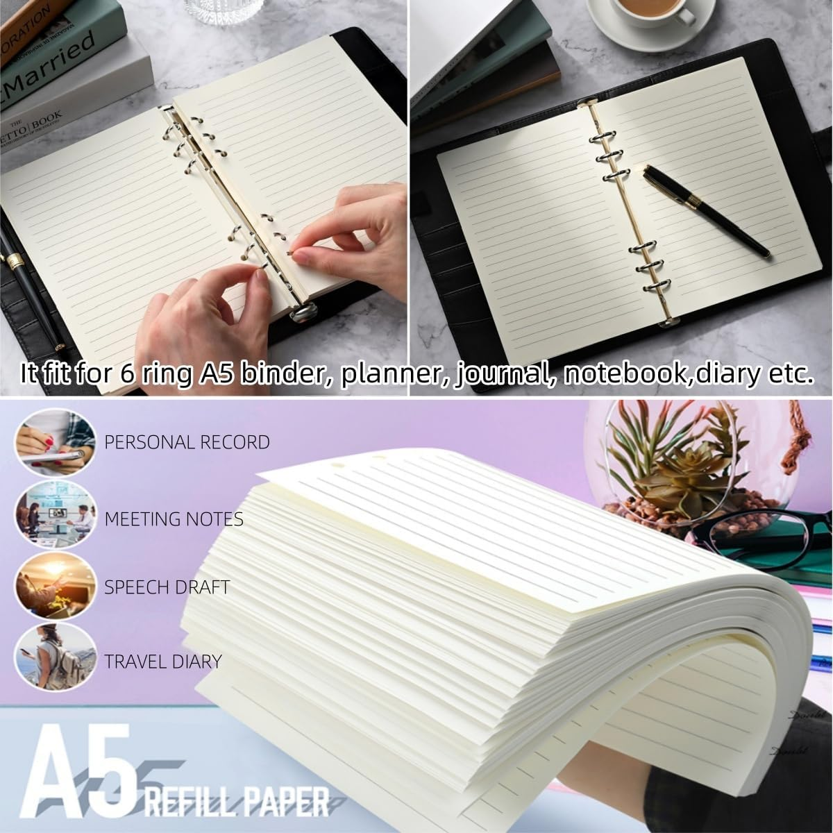 A5 Refill Paper Planner Inserts, 6-Hole Loose Leaf Paper, College Ruled Loose Leaf with Binder Dividers, Punched Notebook Refills for 6-Ring Refillable Binder, 80 Pages (2 Packs) image number 1