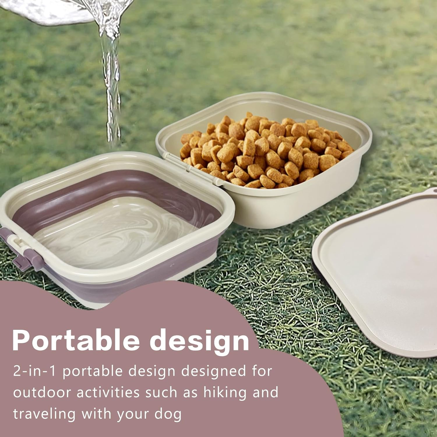 Collapsible Dog Water Bowl, Portable Dog Bowl for Traveling, 2-In-1 Pet Food and Water Feeder - Travel Dog Bowls with Lid for Walking, Traveling, Camping and Hiking - Green image number 5