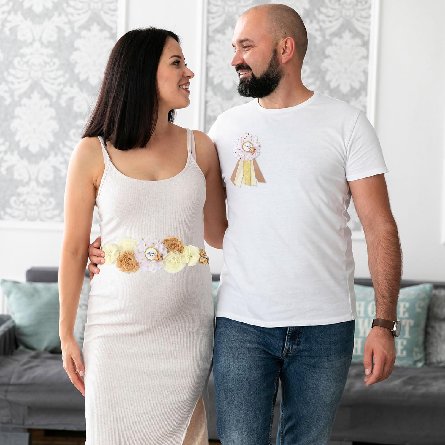 Rose Gold Maternity Sash Corsage Set &ndash; White and Champagne Floral Belly Band image number 4