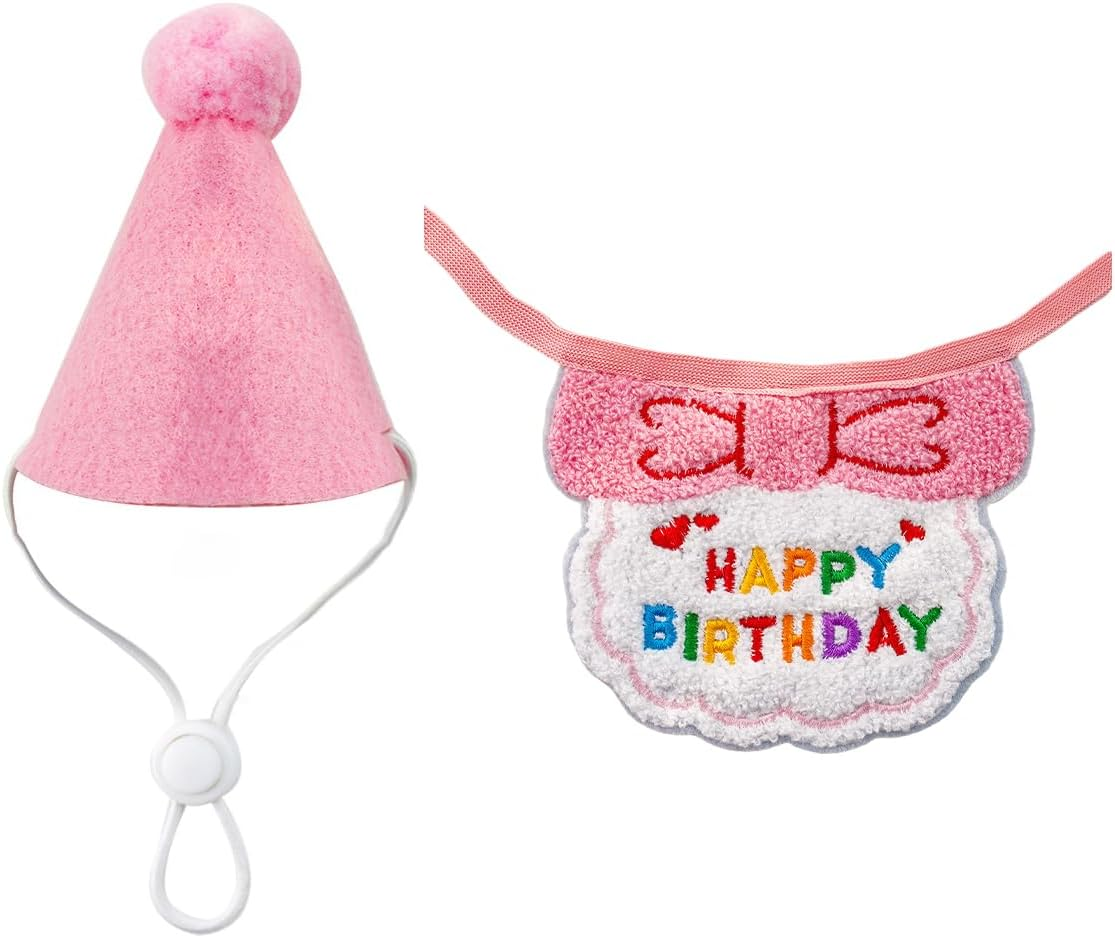 AIMALL Pet Birthday Party Set, Adjustable Dog Cat Hat and Matching Saliva Towel, Colorful Decorations, Elastic Fit, Hat: 3.54In High, Bib: 24.01In Perimeter